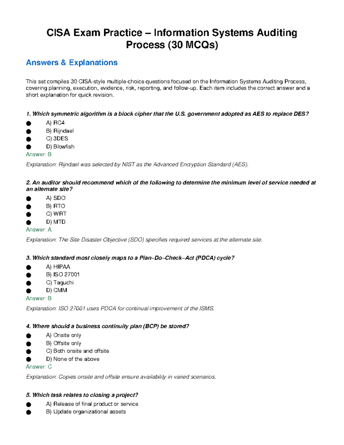 CISA Exam Practice: 30 MCQs on IS Auditing Process with Answers