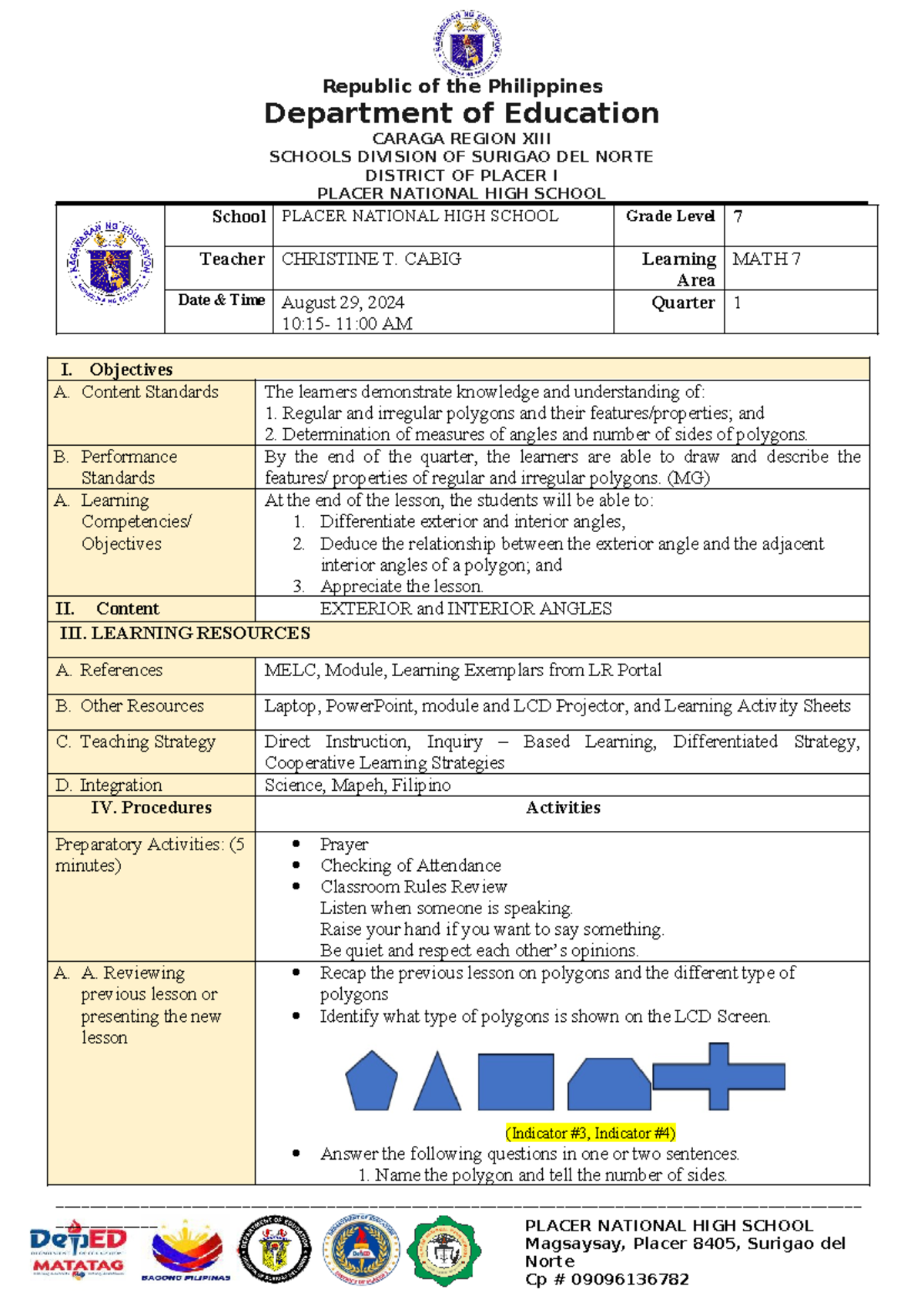 CO1-Semi DLP in MATH 7 - Lesson Plan in Mathematics 7 - PLACER NATIONAL ...