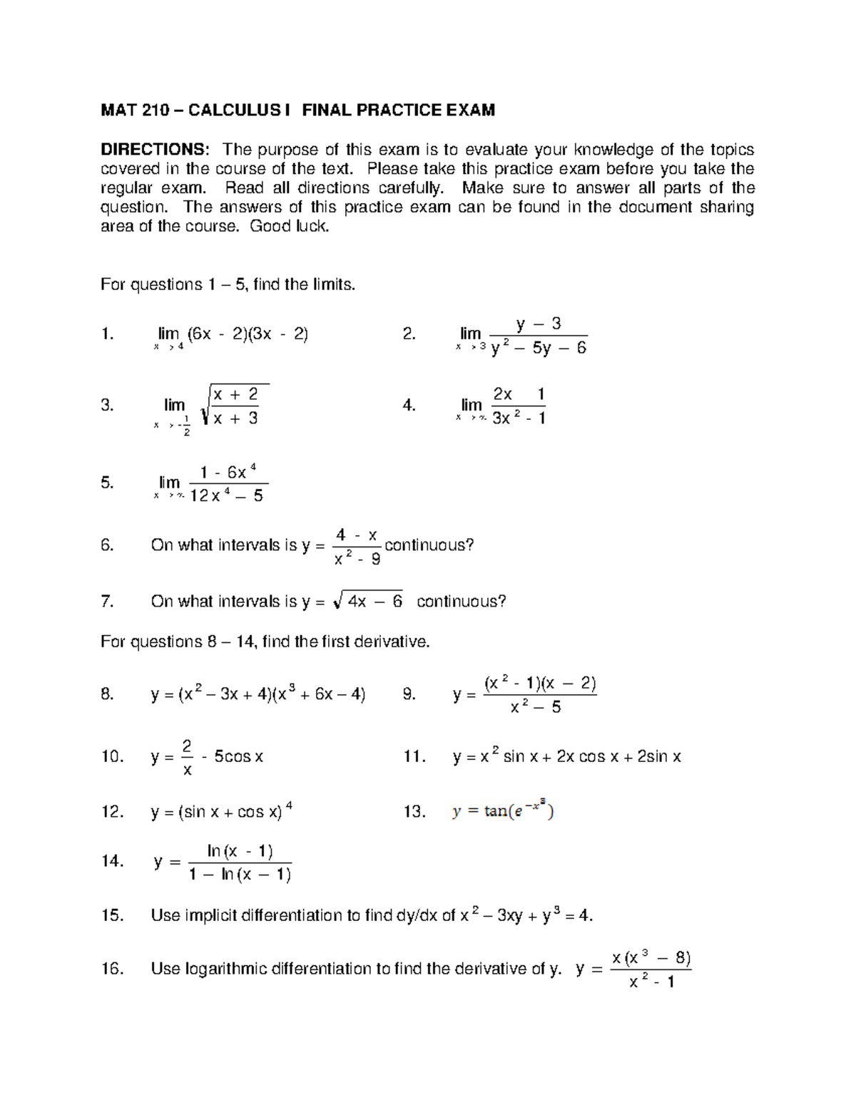 MAT 210 - Calculus I Final Practice Exam Guide & Solutions - Studocu