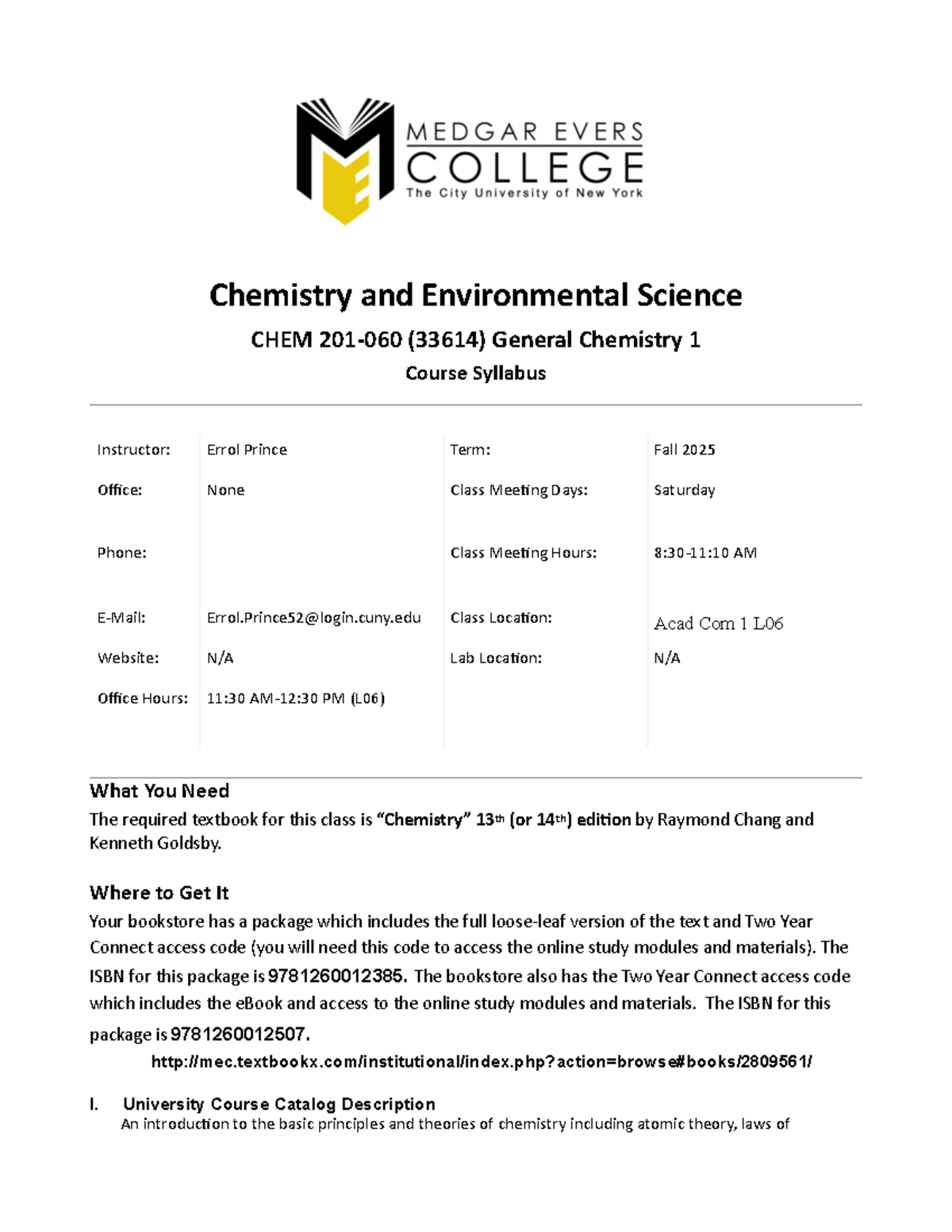 CHM 201-060 [Fall 2025] General Chemistry I Course Syllabus - Studocu