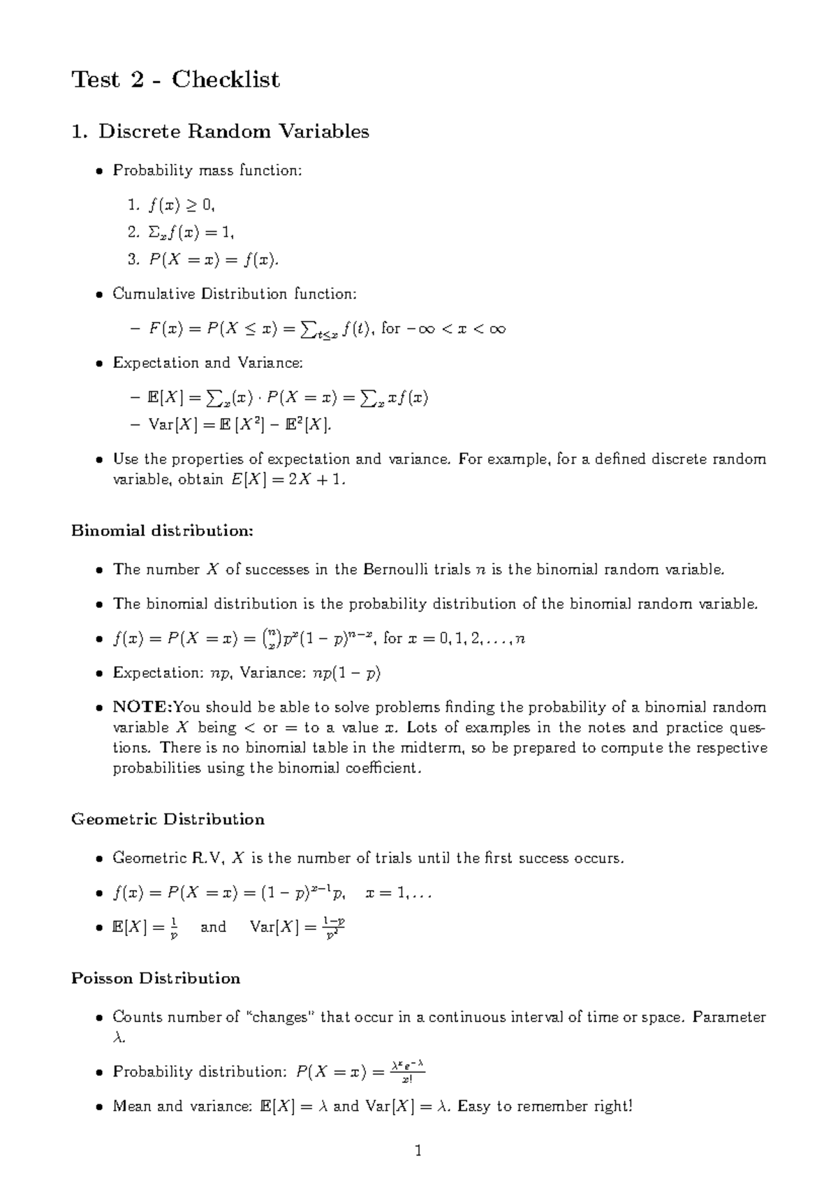 Review T2 - Materials for this class - Test 2 - Checklist 1. Discrete ...