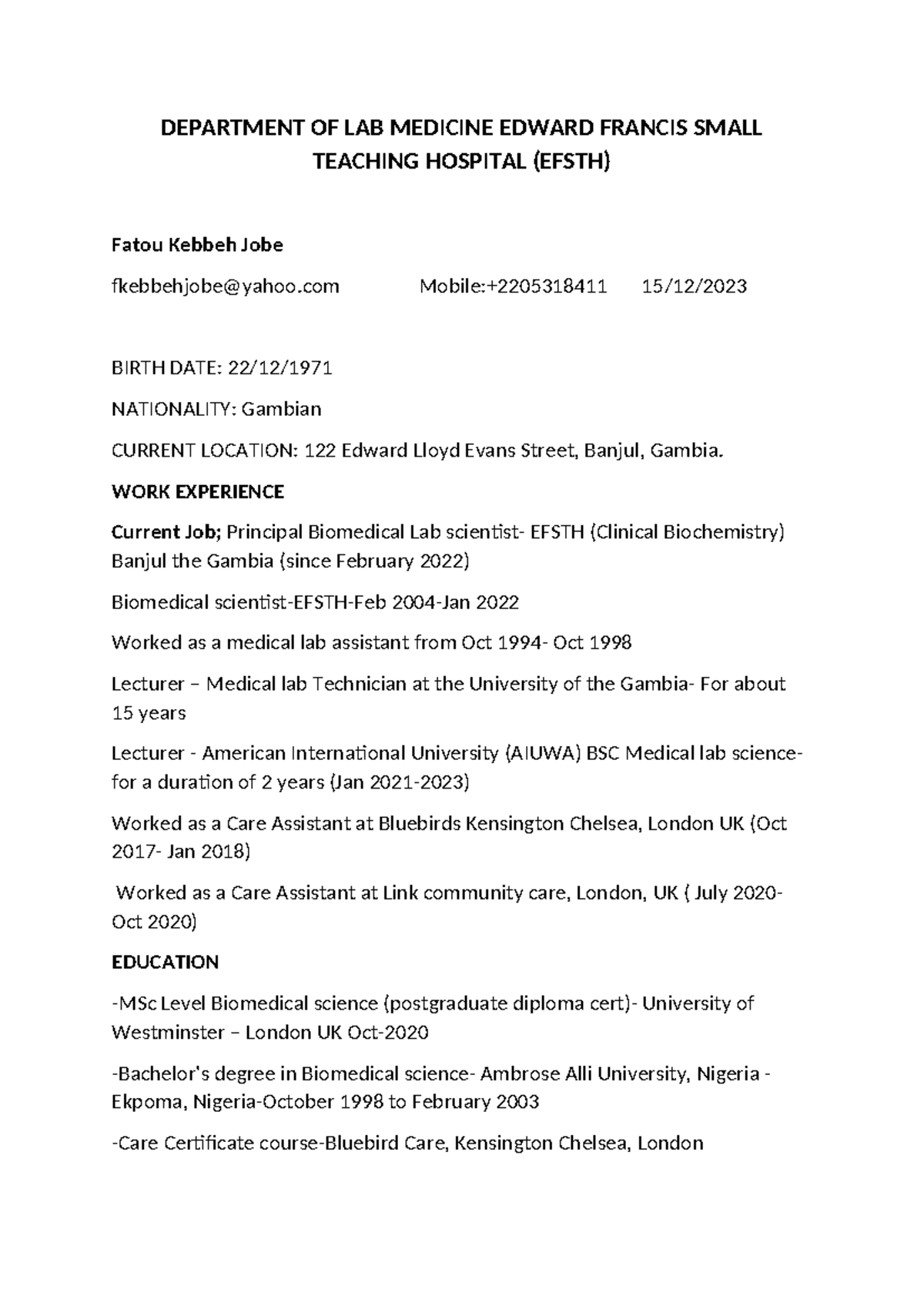 FKJ CV Update: Professional Experience and Education Summary - Studocu