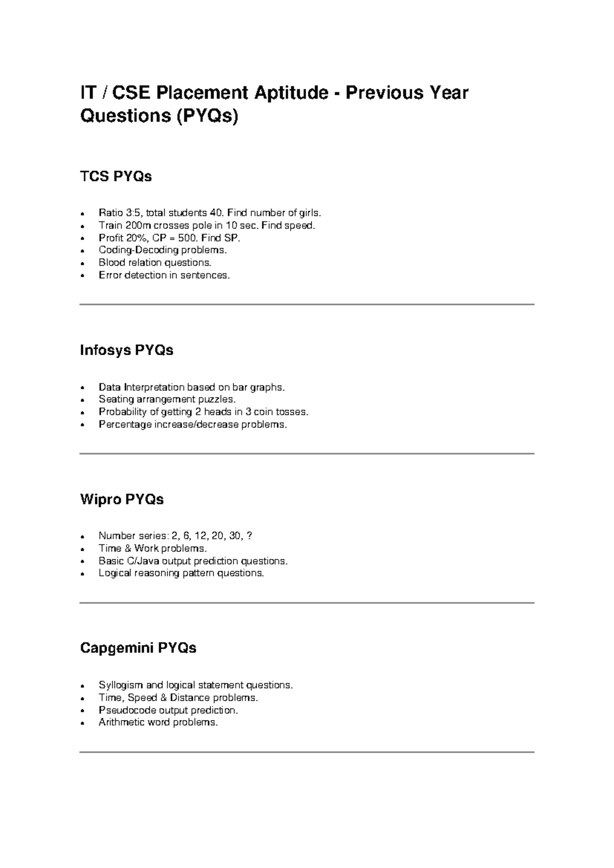 IT CSE Placement Aptitude PYQs: TCS, Infosys, Wipro, Capgemini - Studocu
