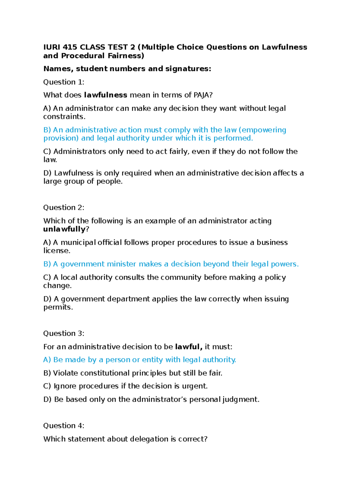 IURI 415 CLASS TEST 2: MCQs on Lawfulness & Procedural Fairness - Studocu