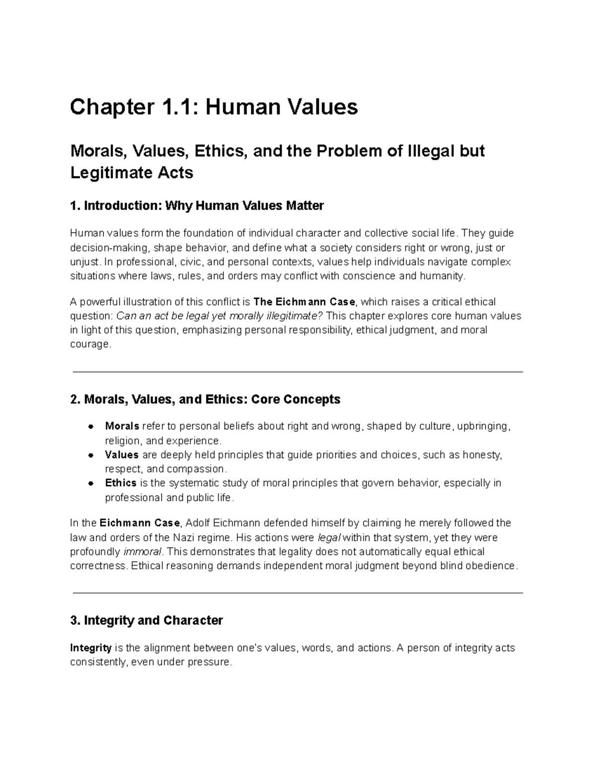 PEHV 101: Chapter 1.1 - Human Values, Ethics, and Legitimacy Issues ...