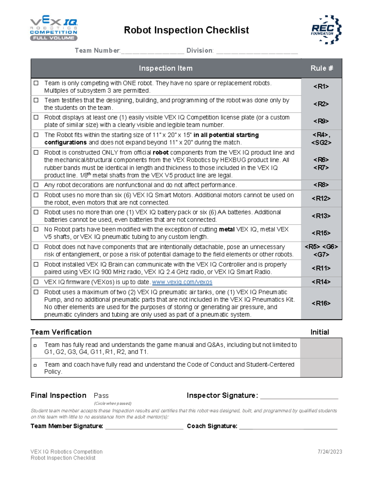 Robot inspection checklist viqrc full volume - Robot Inspection ...