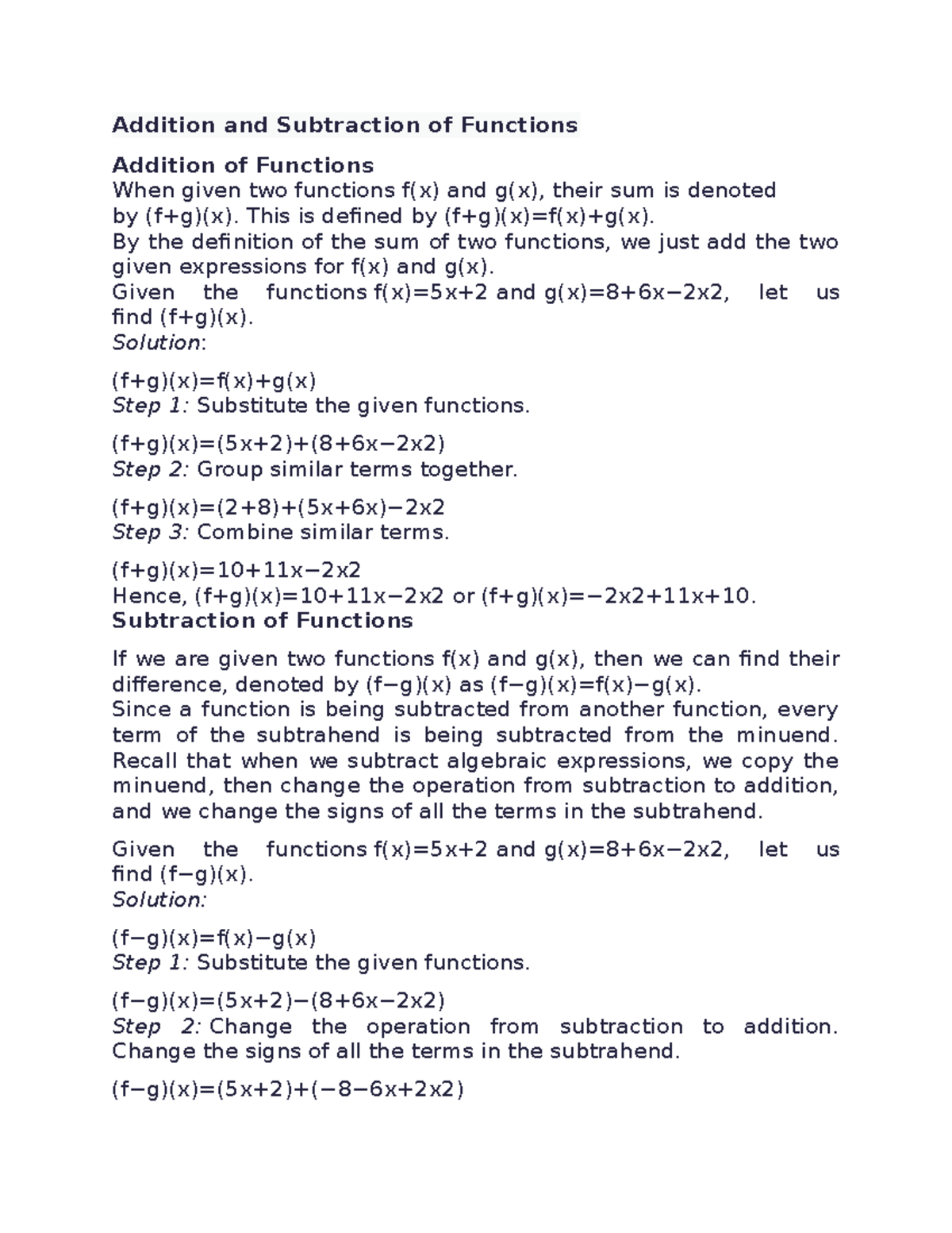 Addition and Subtraction of Functions - Addition and Subtraction of ...