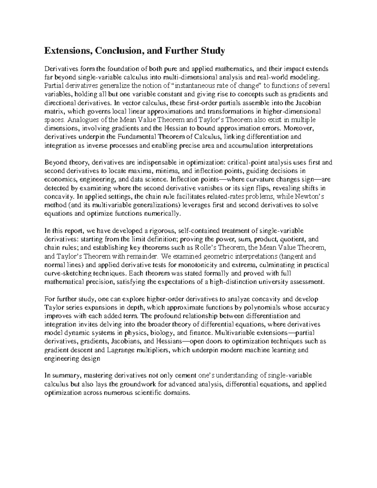 Extensions and Further Study on Derivatives - HD Calculus Report - Studocu
