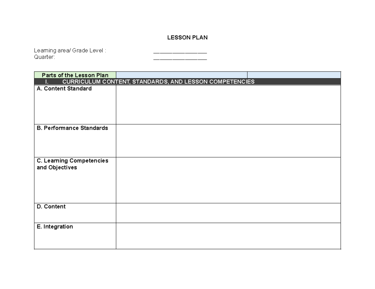 Template Lesson Plan: Arts & Creative Literacy Integration - Studocu