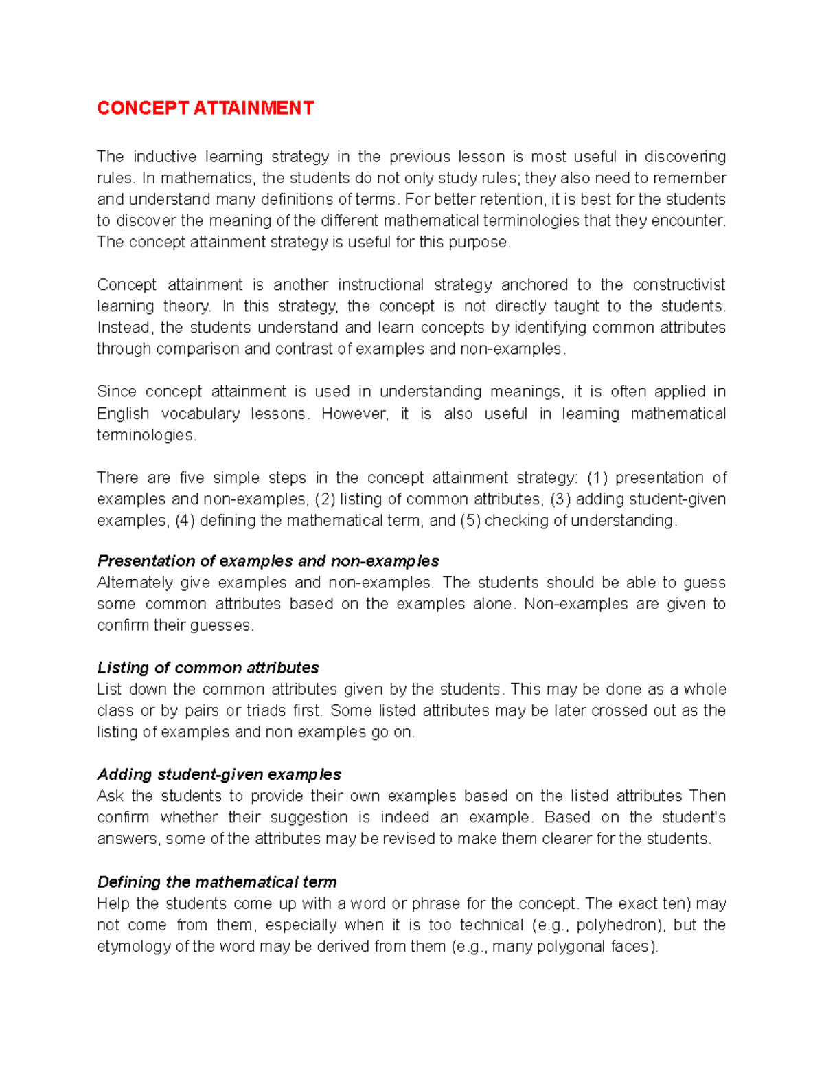 TIMG Rev - Concept Attainment Strategy in Math Education - Studocu
