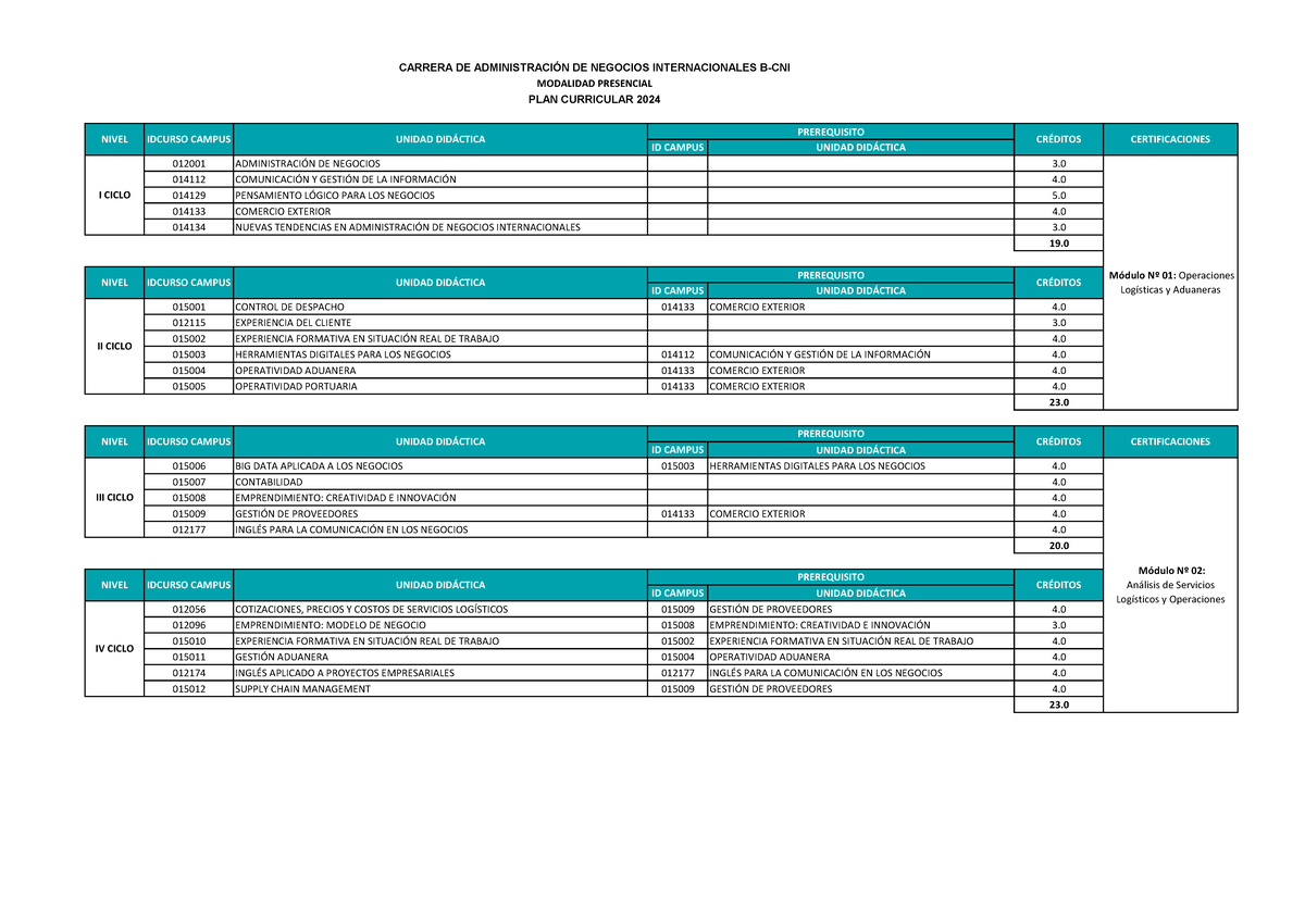Malla Curricular B-CNI: Administración de Negocios Internacionales 2024 ...
