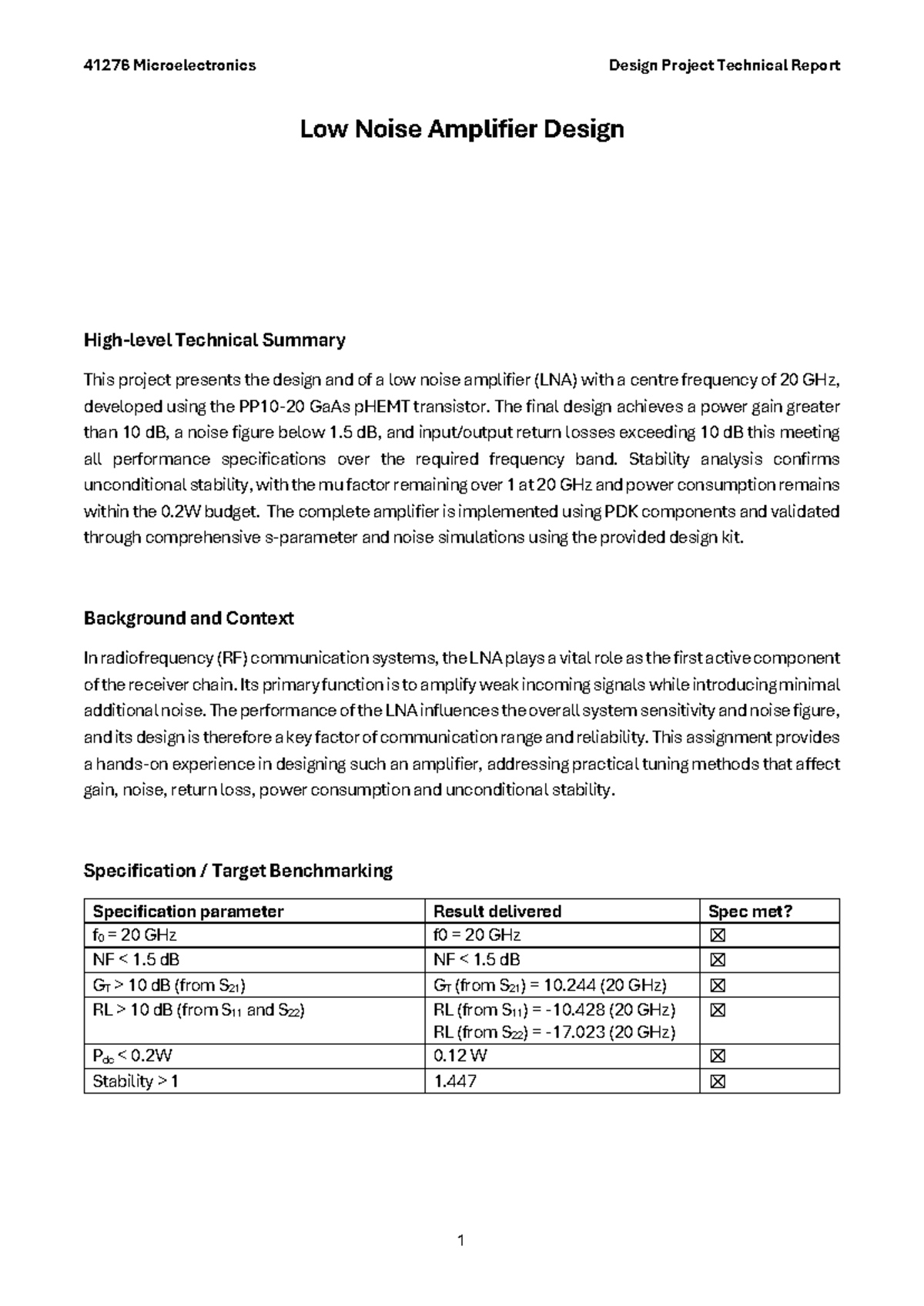 41276 Microelectronics Design Project: Low Noise Amplifier Report - Studocu