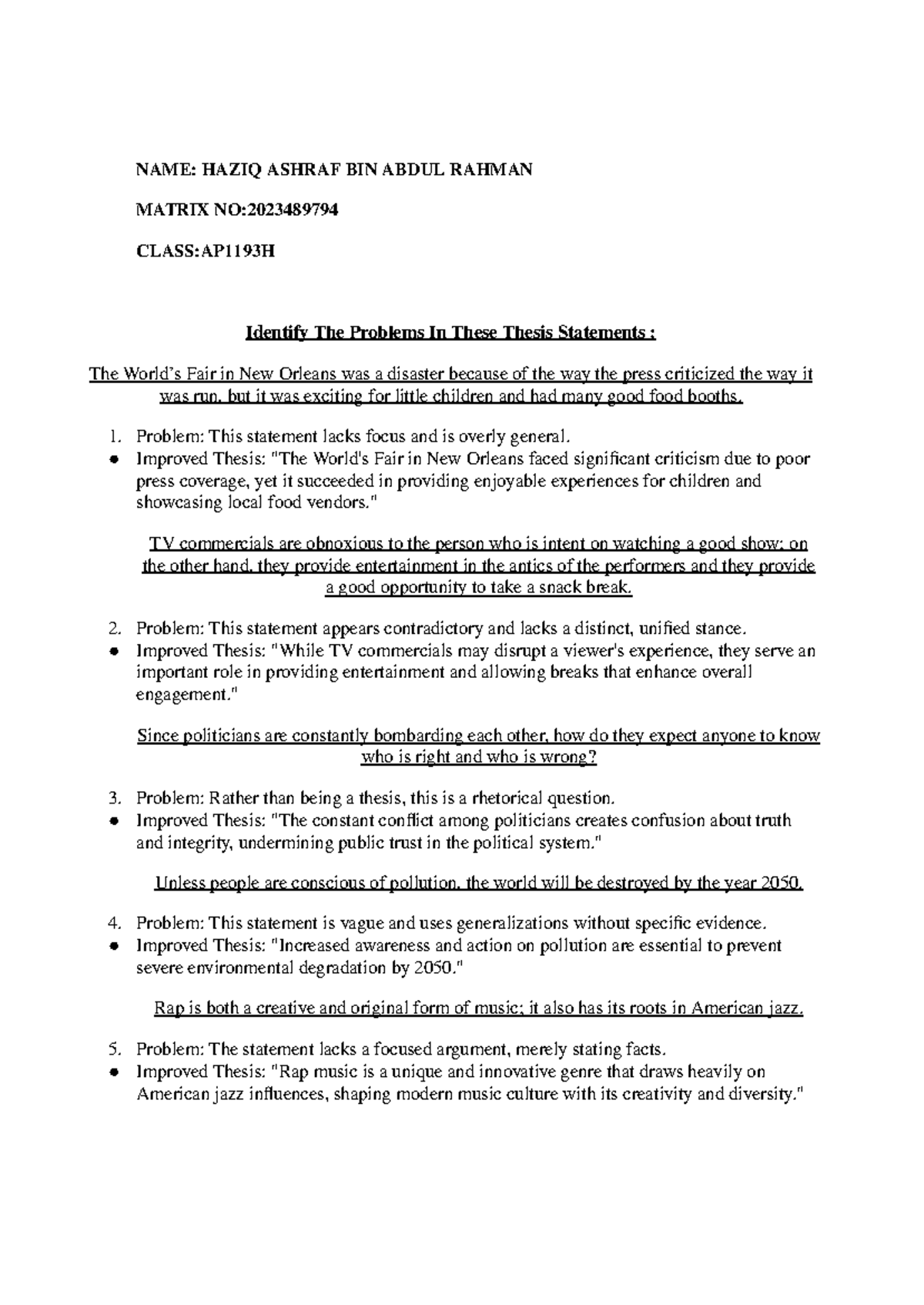 AP1193H Essay Notes: Identifying Problems in Thesis Statements - Studocu