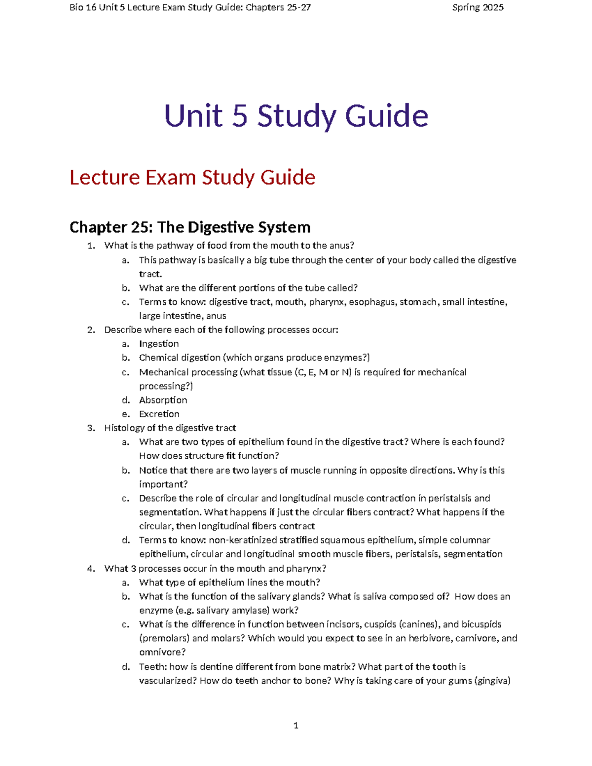 Bio 16 Unit 5 Lecture Exam Study Guide: Digestive & Reproductive ...