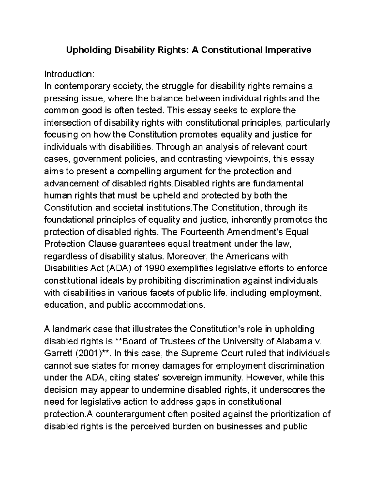 Disability Rights and the Constitution: A Legal Perspective Essay - Studocu