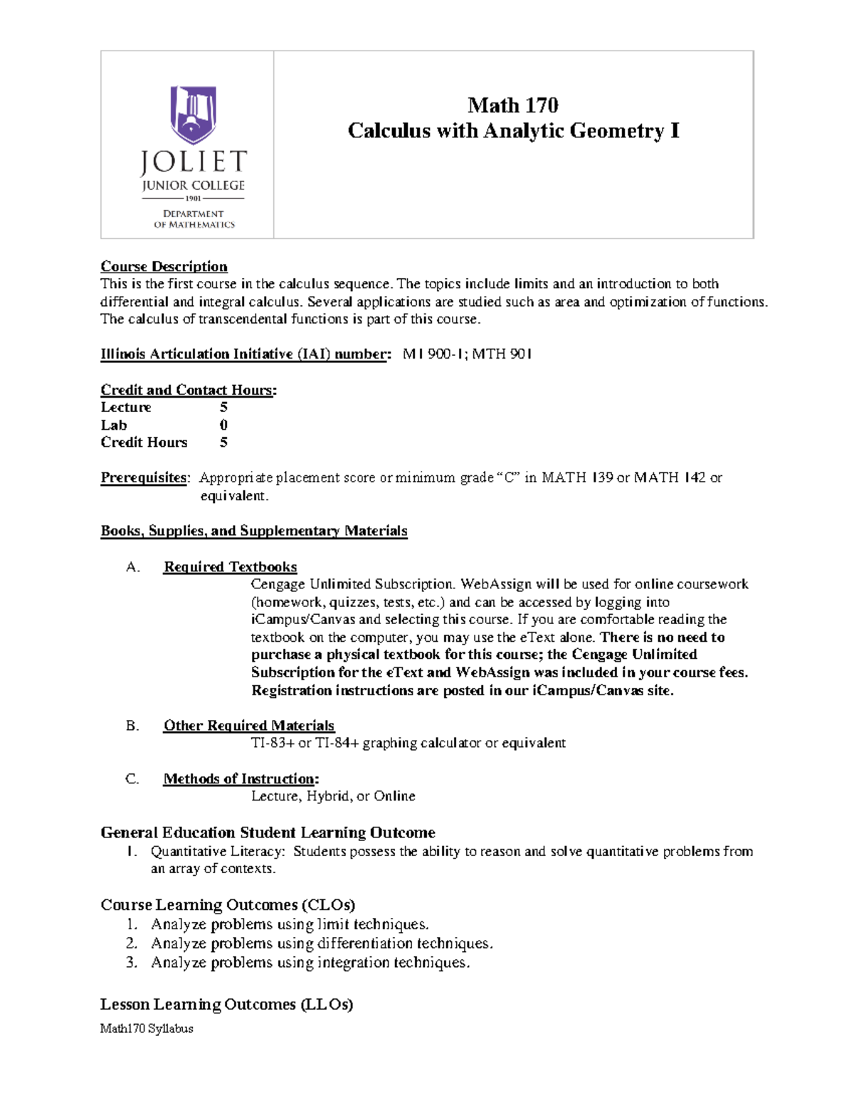 Math170 Syllabus: Overview of Calculus I Fundamentals and Requirements ...