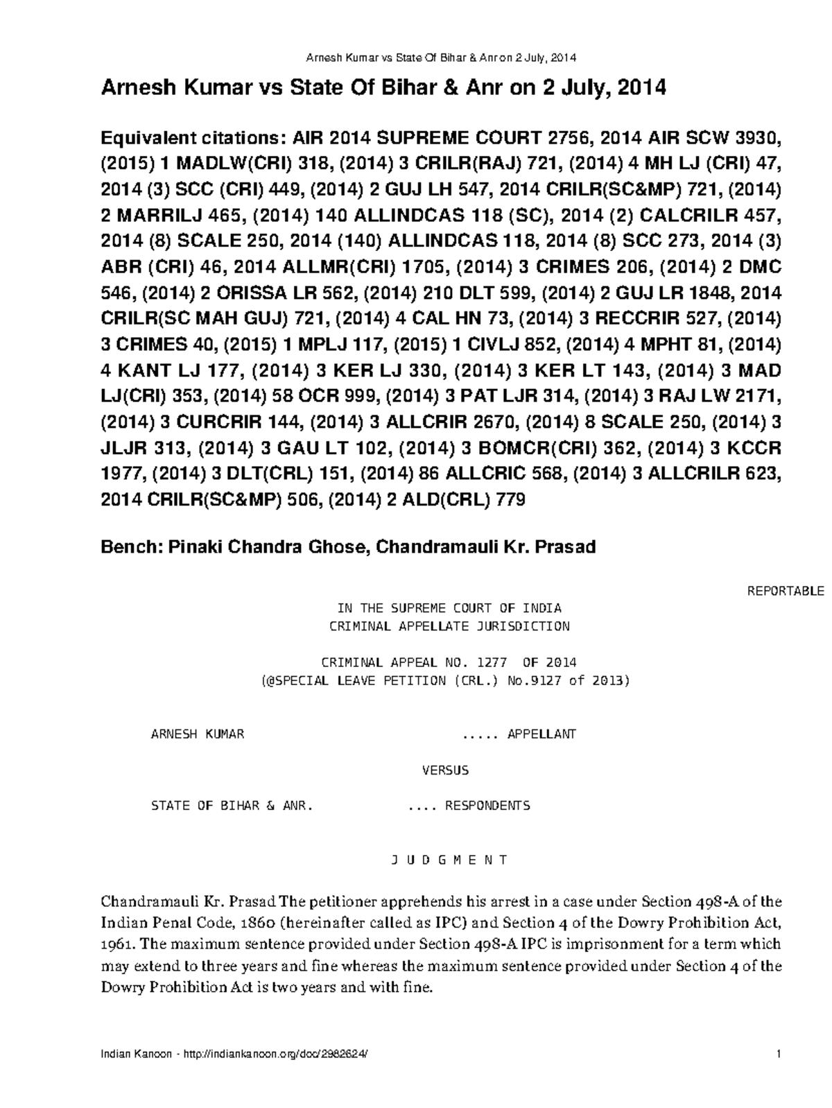 Arnesh Kumar vs State of Bihar: Supreme Court Judgment Analysis (2014 ...