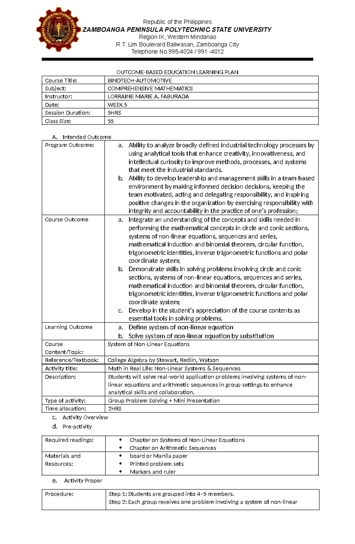 OBE - Week 5 Learning Plan: Non-Linear Systems in Math - Studocu