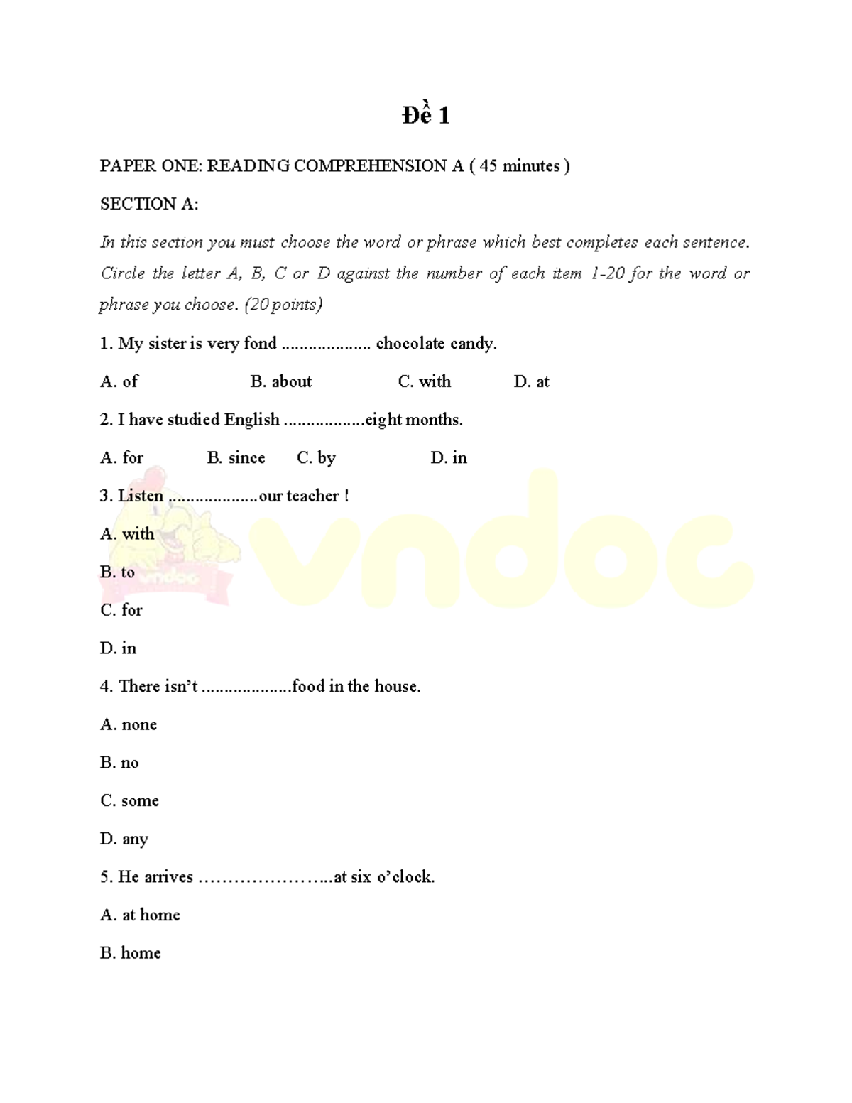 Đề 1: PAPER ONE - READING COMPREHENSION & EXERCISES - Studocu