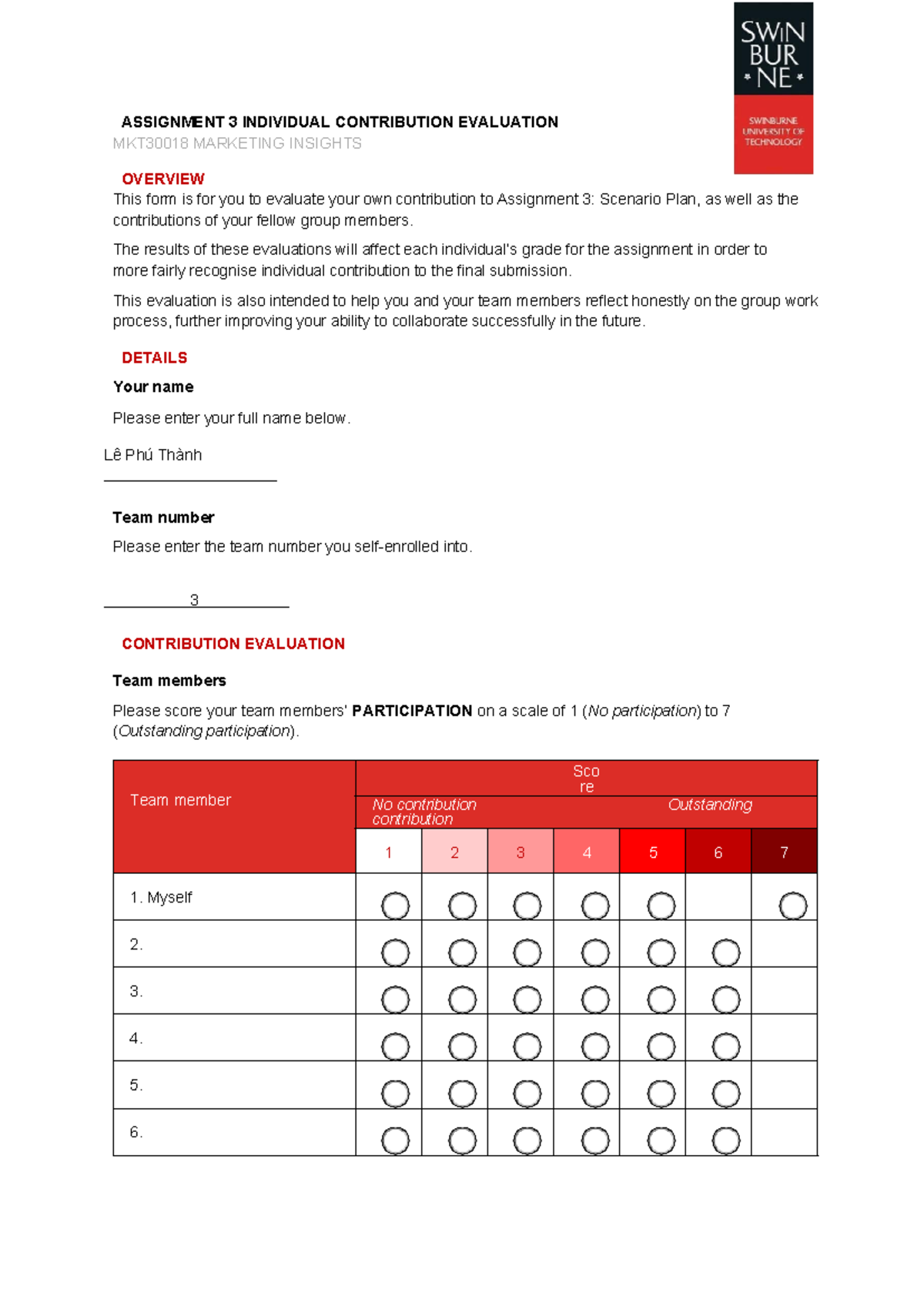 MKT30018 - Assignment 3 Peer Evaluation Form and Guidelines - Studocu