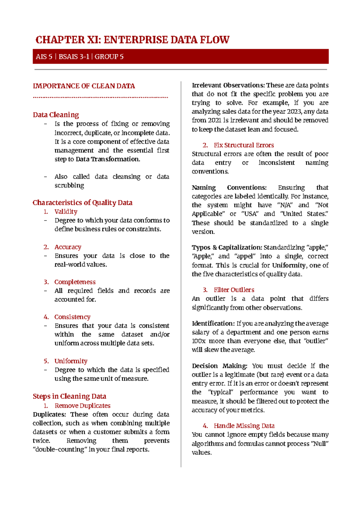 AIS 5 BSAIS GROUP 5: Chapter 11 & 12 - Importance of Clean Data & EDW ...