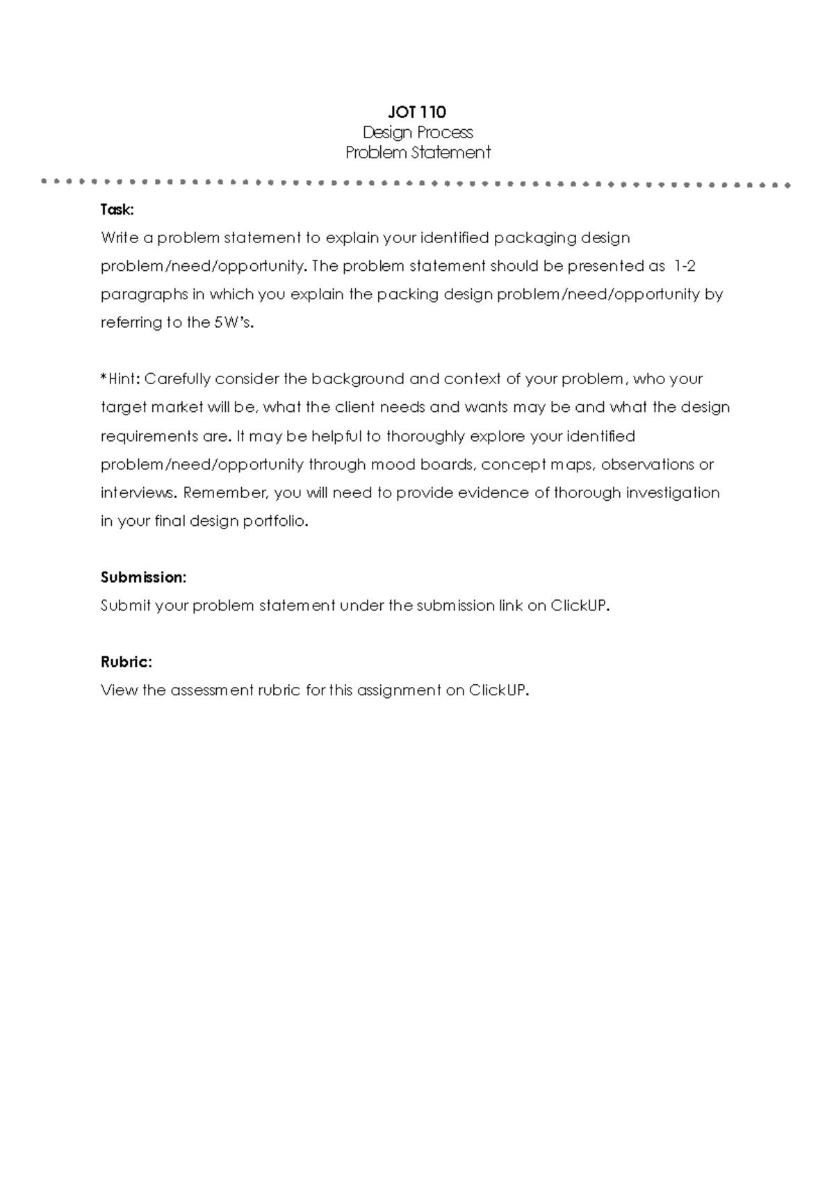 JOT 110 Design Process: Problem Statement for Packaging Design - Studocu
