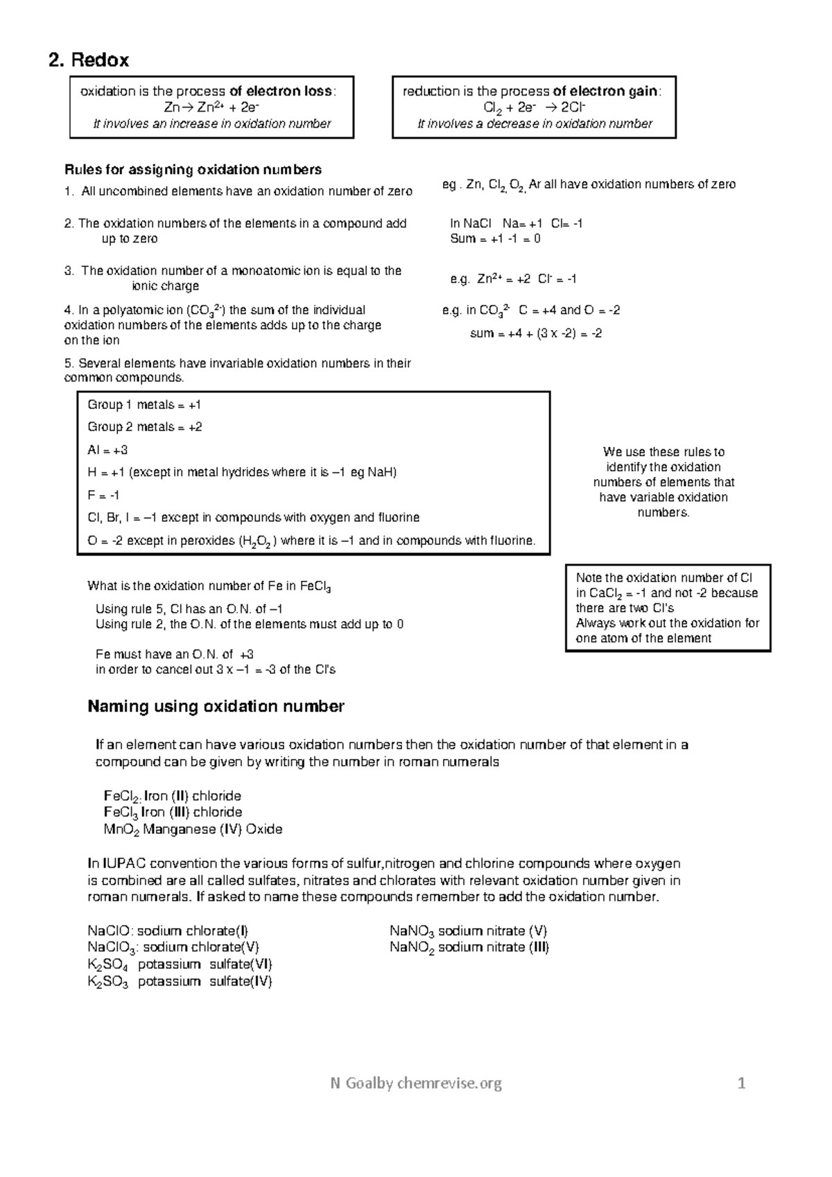 Revision Notes for Redox Reactions (Topic 3) - Studocu