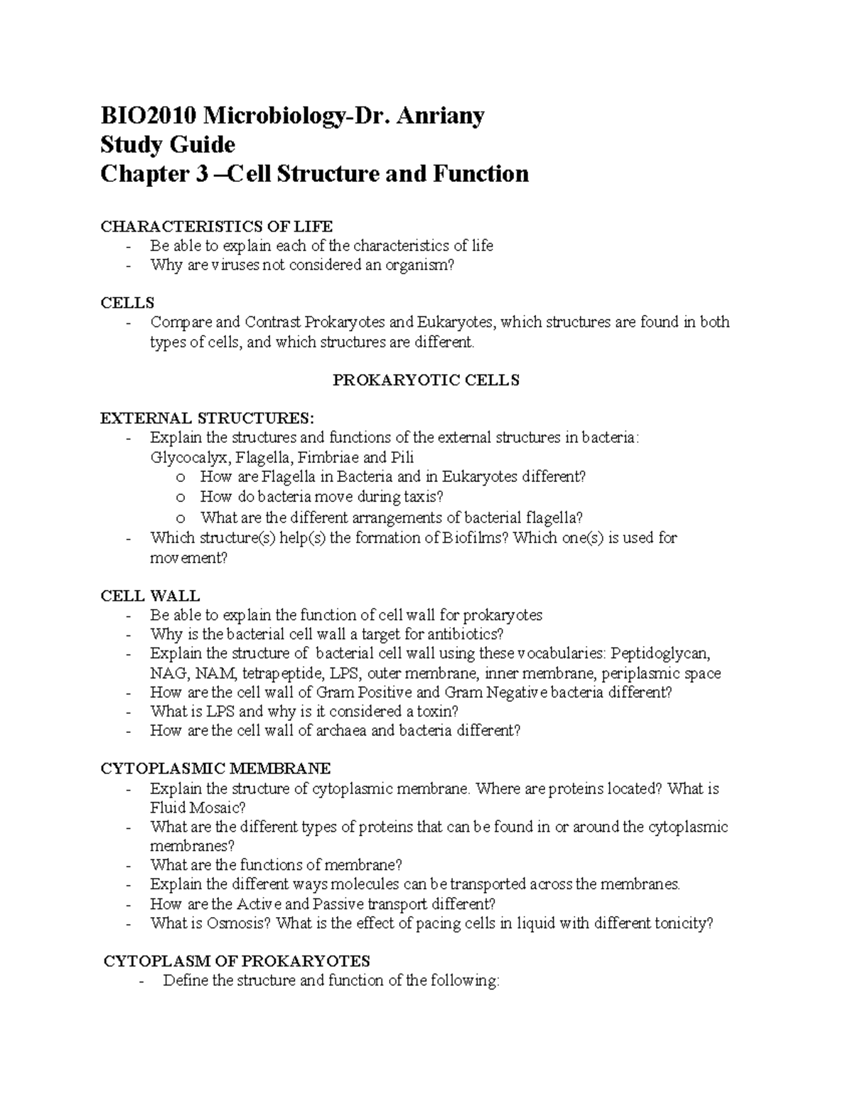 Chapter 3 Cell Structure Function Study Guide-YA - BIO2010 Microbiology ...