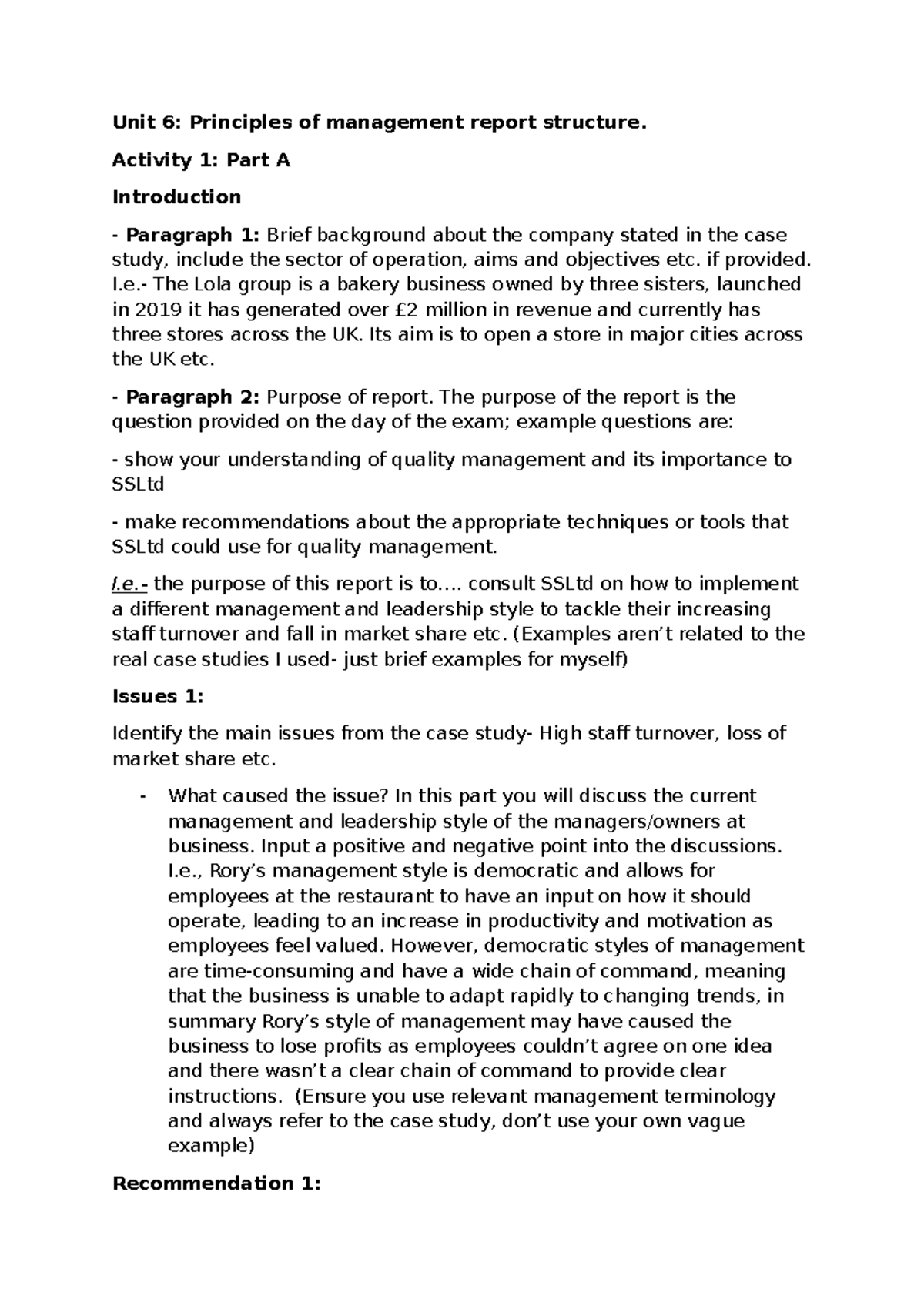 U6: Principles of Management Report Structure & Recommendations - Studocu