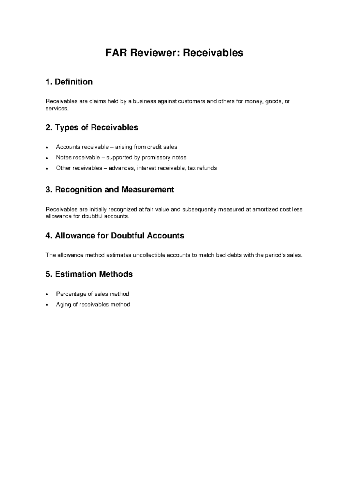 FAR Receivables Reviewer - FAR Reviewer: Receivables 1. Definition ...