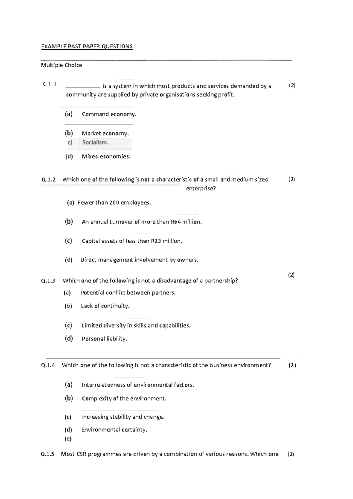 Example Past Paper Questions for Business Studies (BUS101) - Studocu