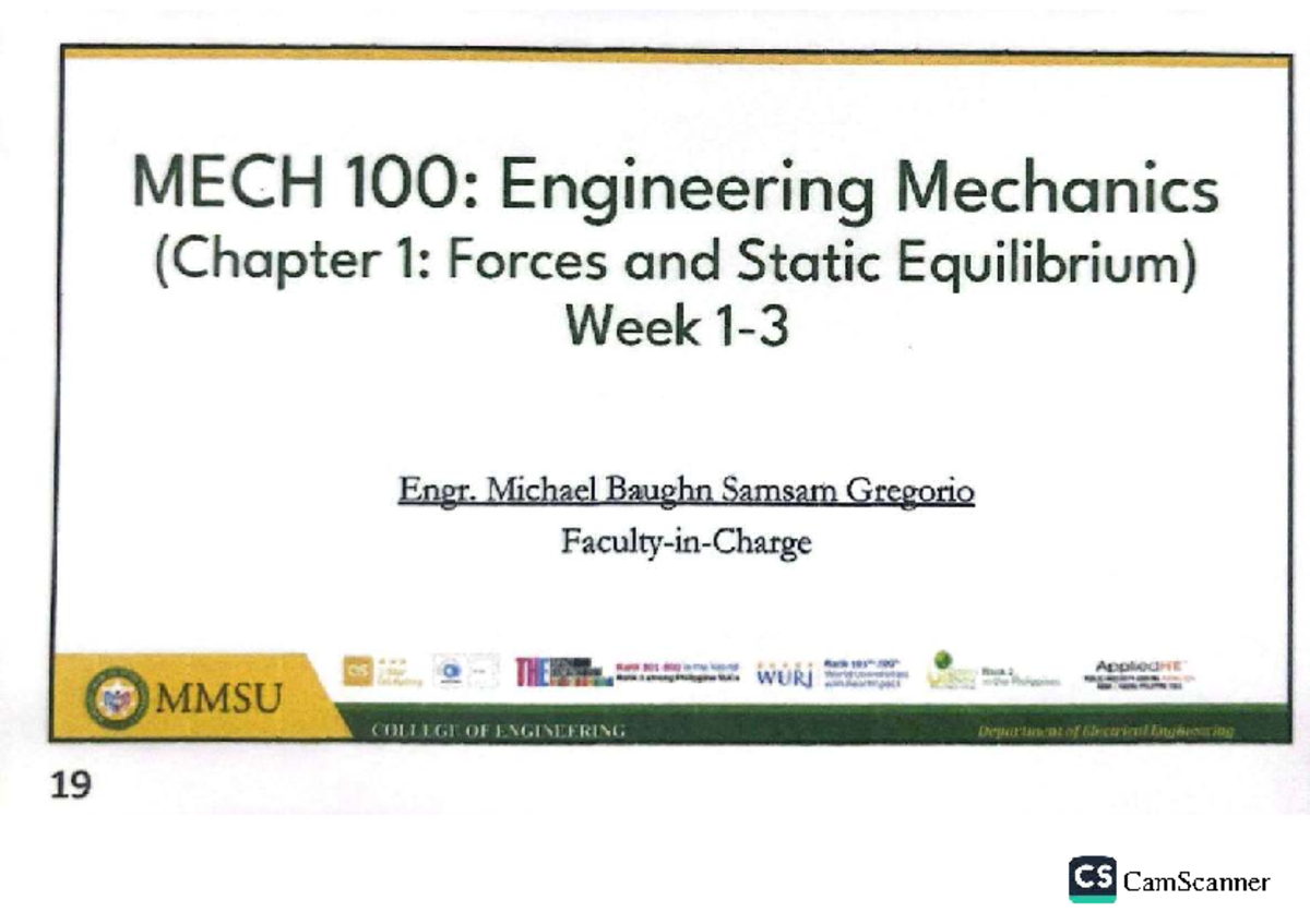 MECH 100: Engineering Mechanics - Chapter 1 Overview on Forces and ...