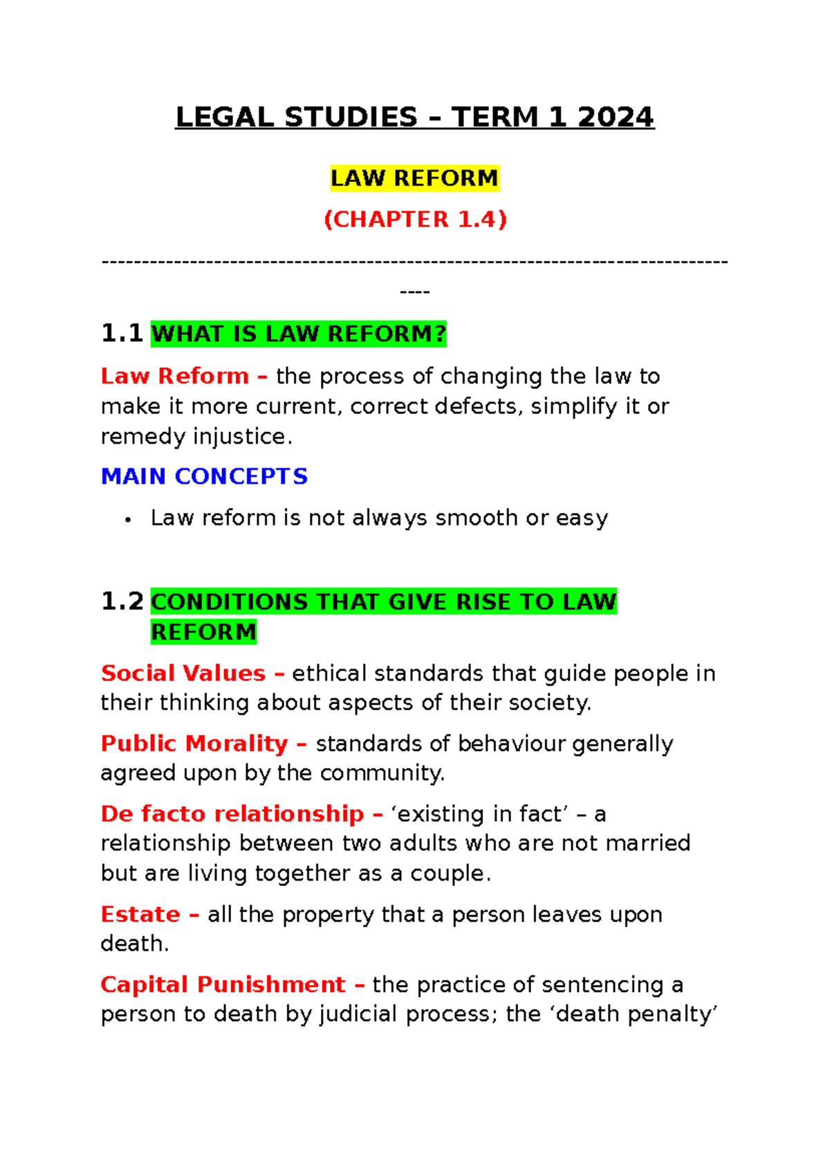 LEGAL STUDIES TERM 1 2024: Law Reform Overview (Chapter 1.4) - Studocu