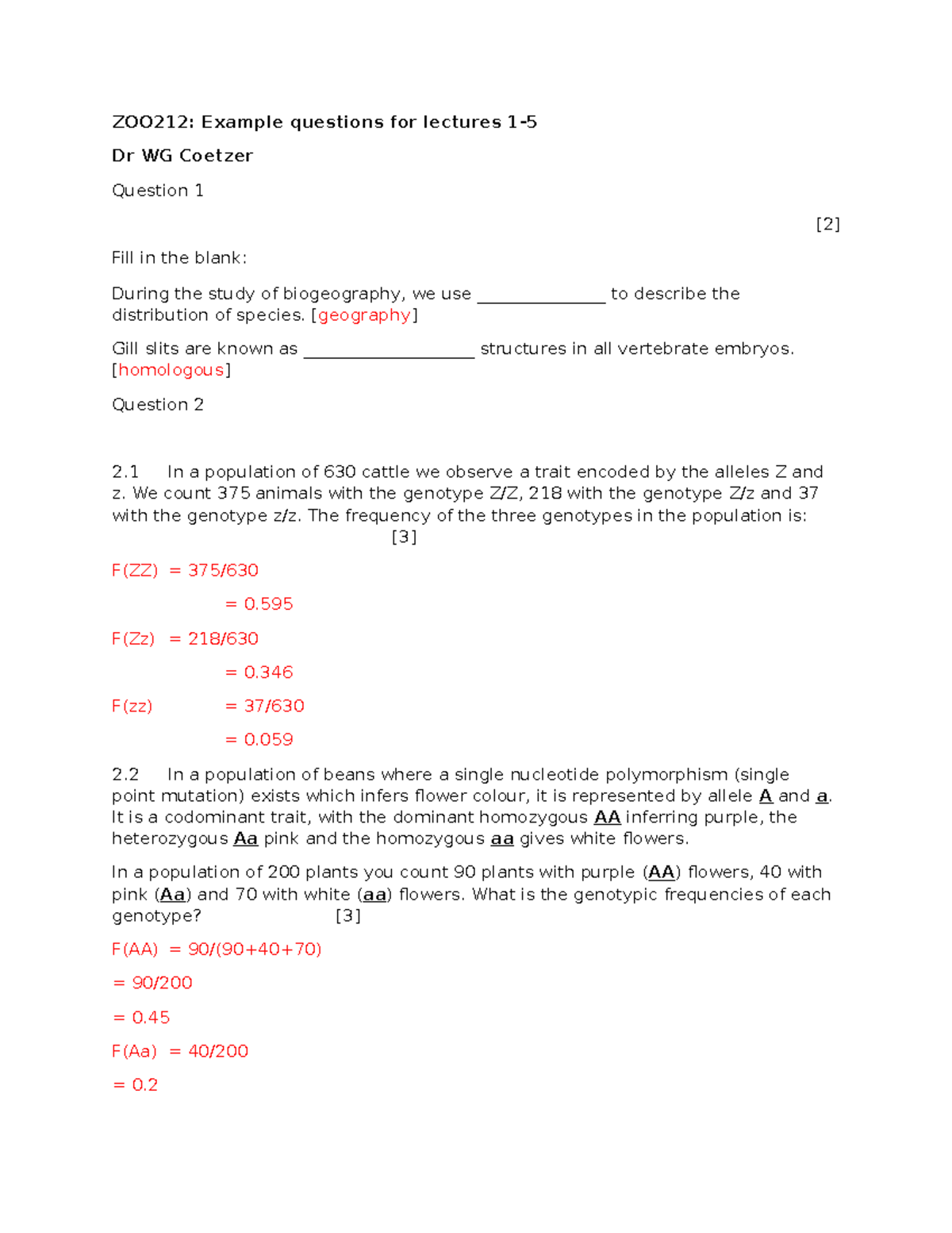 ZOO212-Example Questions for Lectures 1-5 on Biogeography & Evolution ...