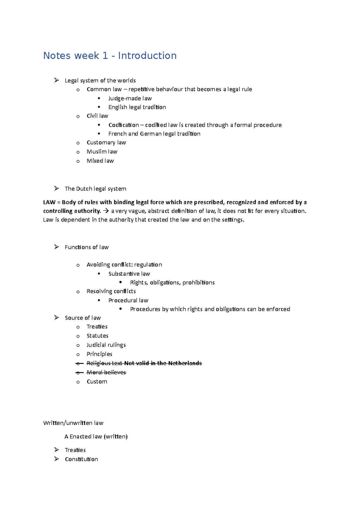 Notes lecture week 1 Introduction - Law and Legal Skills: the Dutch ...