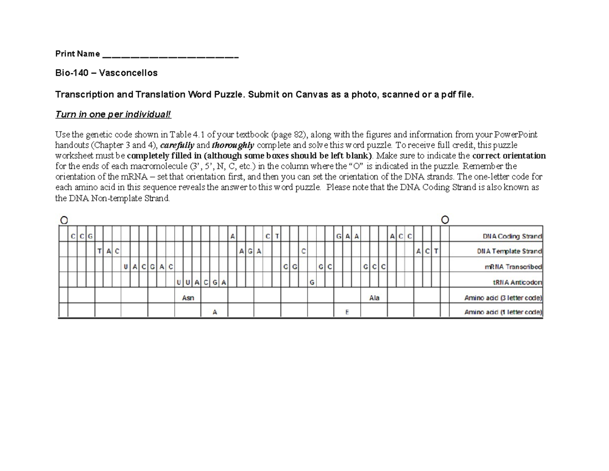 Bio140 Transcription & Translation Puzzle - Print Name ...