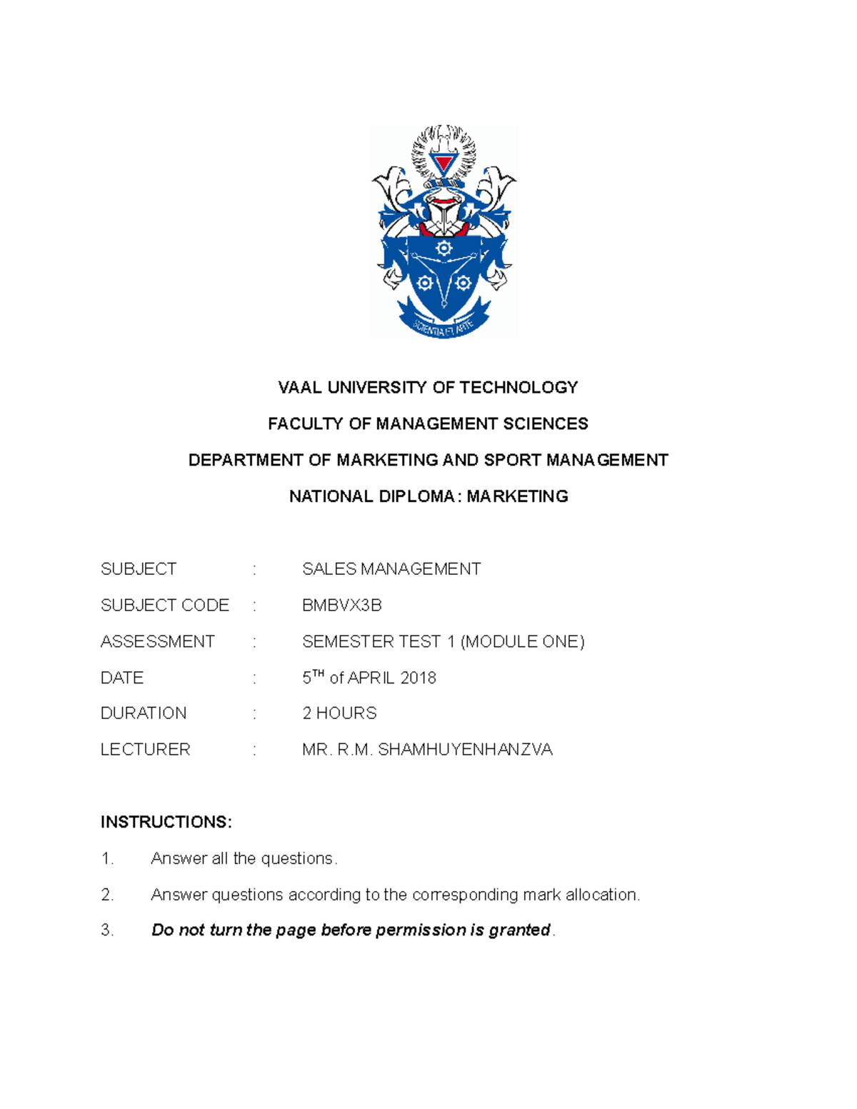 Sales Management Semester Test 1 - BMBVX3B - April 2018 - Studocu
