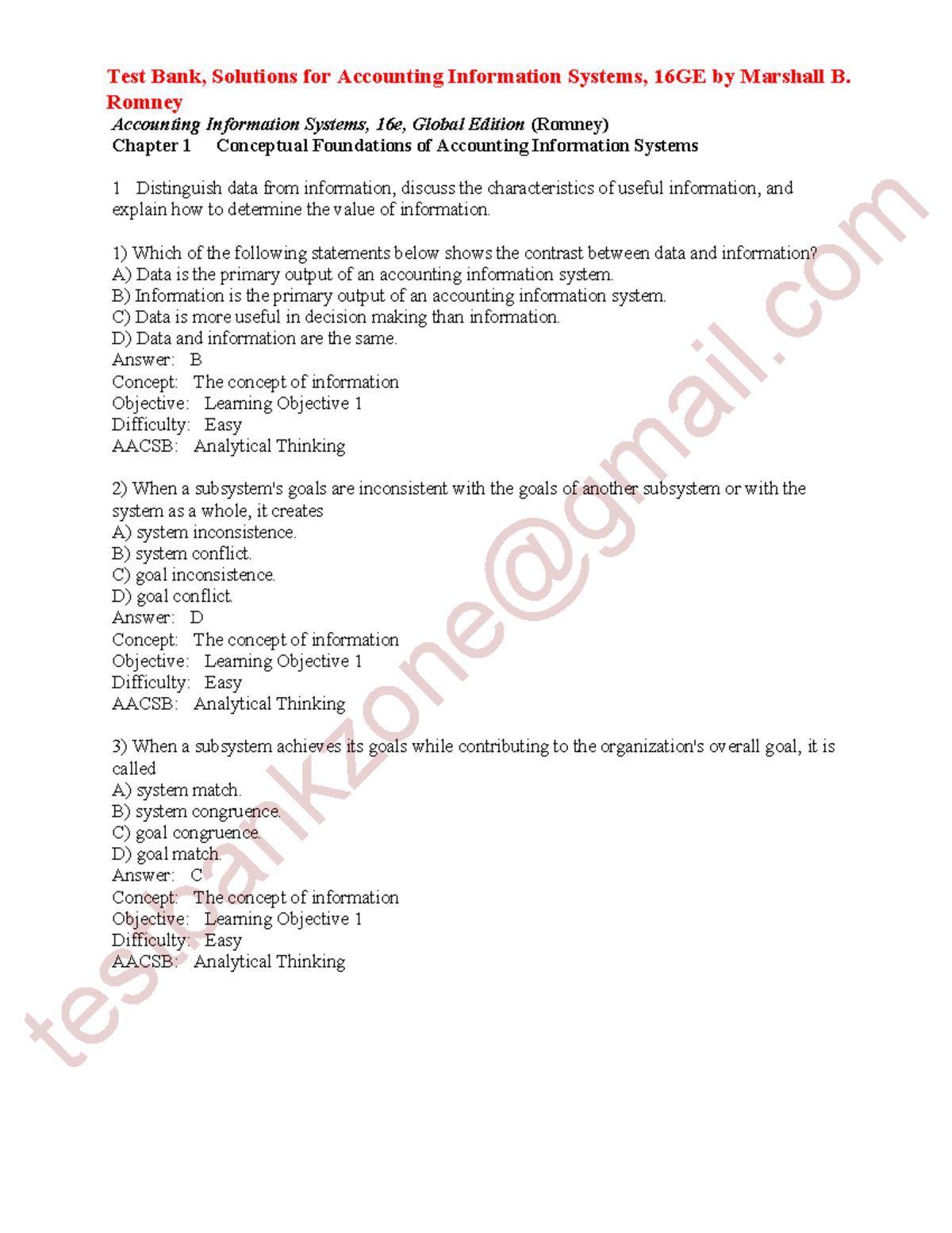 Test Bank Solutions for Accounting Information Systems 16GE Chapter 1 ...