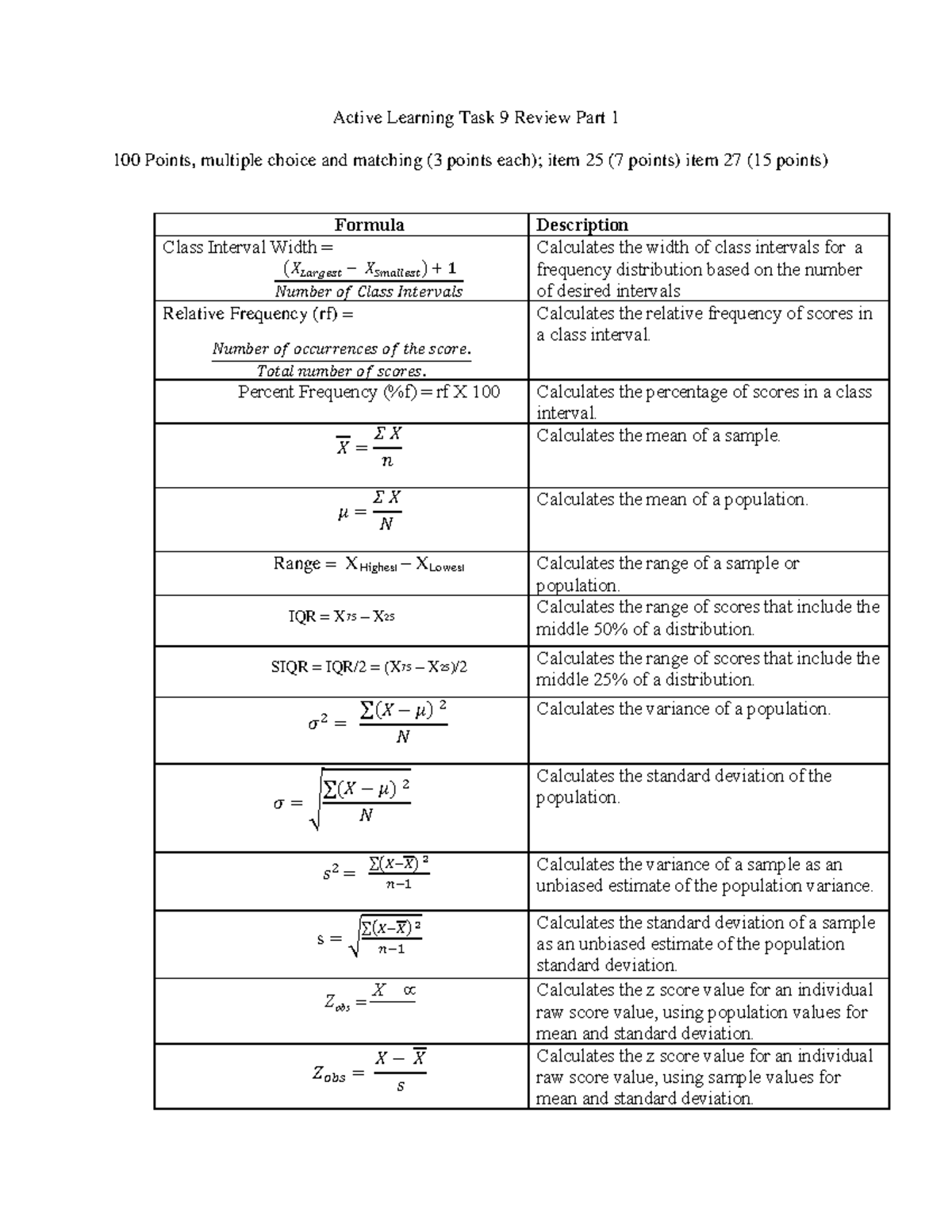 Active Learning Task 9 Review: Statistics Concepts and Calculations ...
