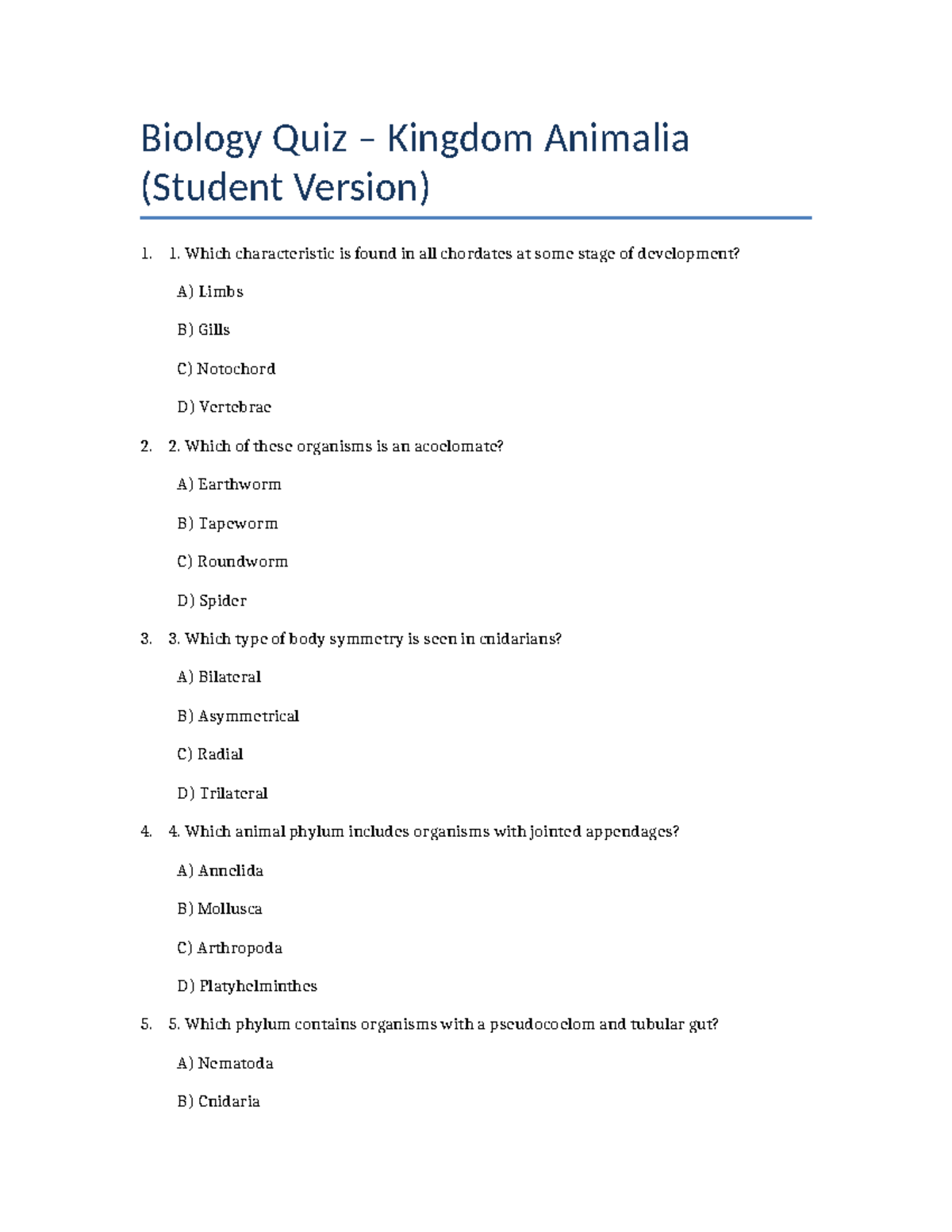 Biology Quiz: Kingdom Animalia (Course Code: QUIZ 2025) - Studocu