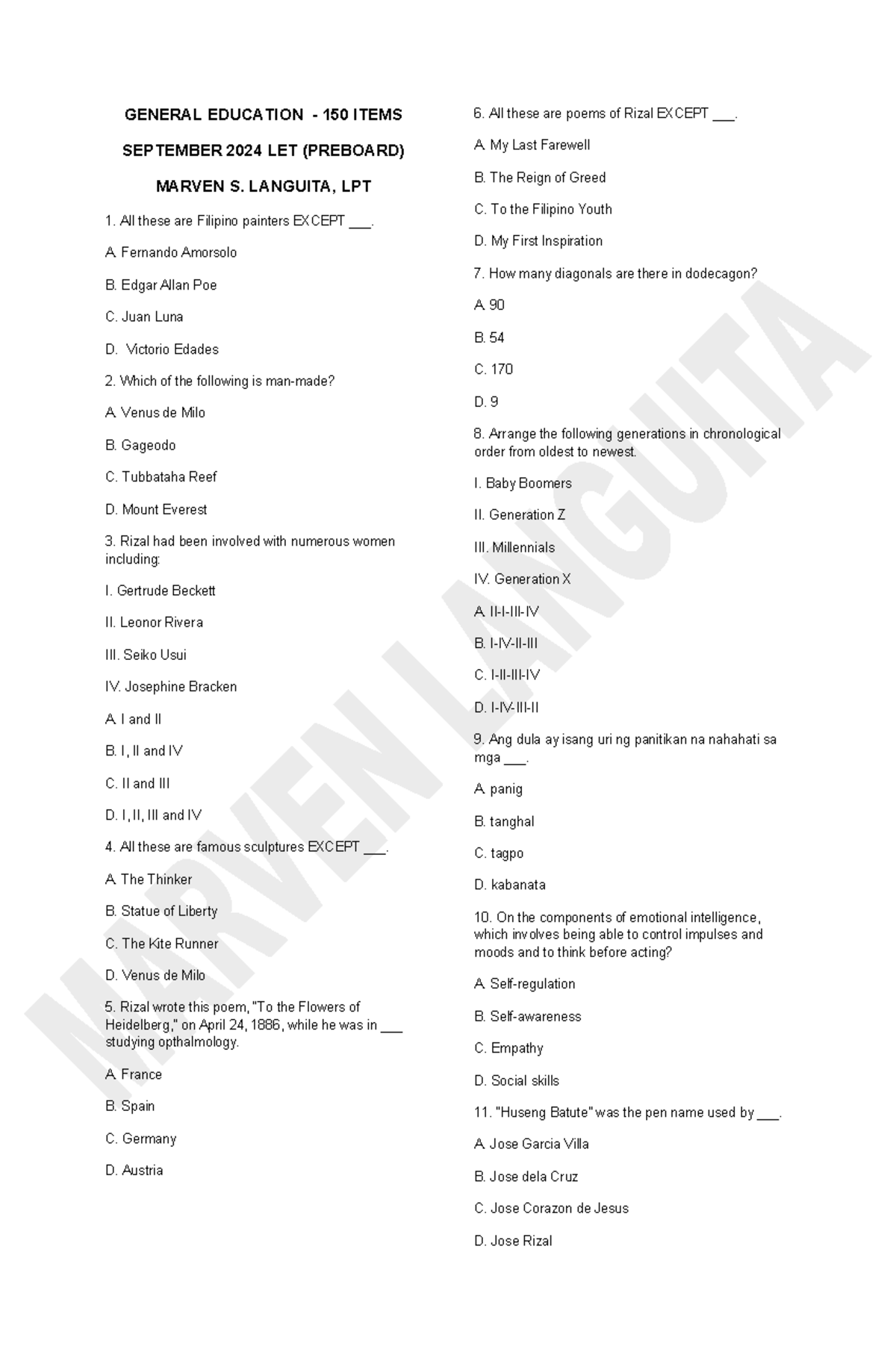 GEN ED 150 Items Preboard Review for SEPT 2024 LET - Studocu