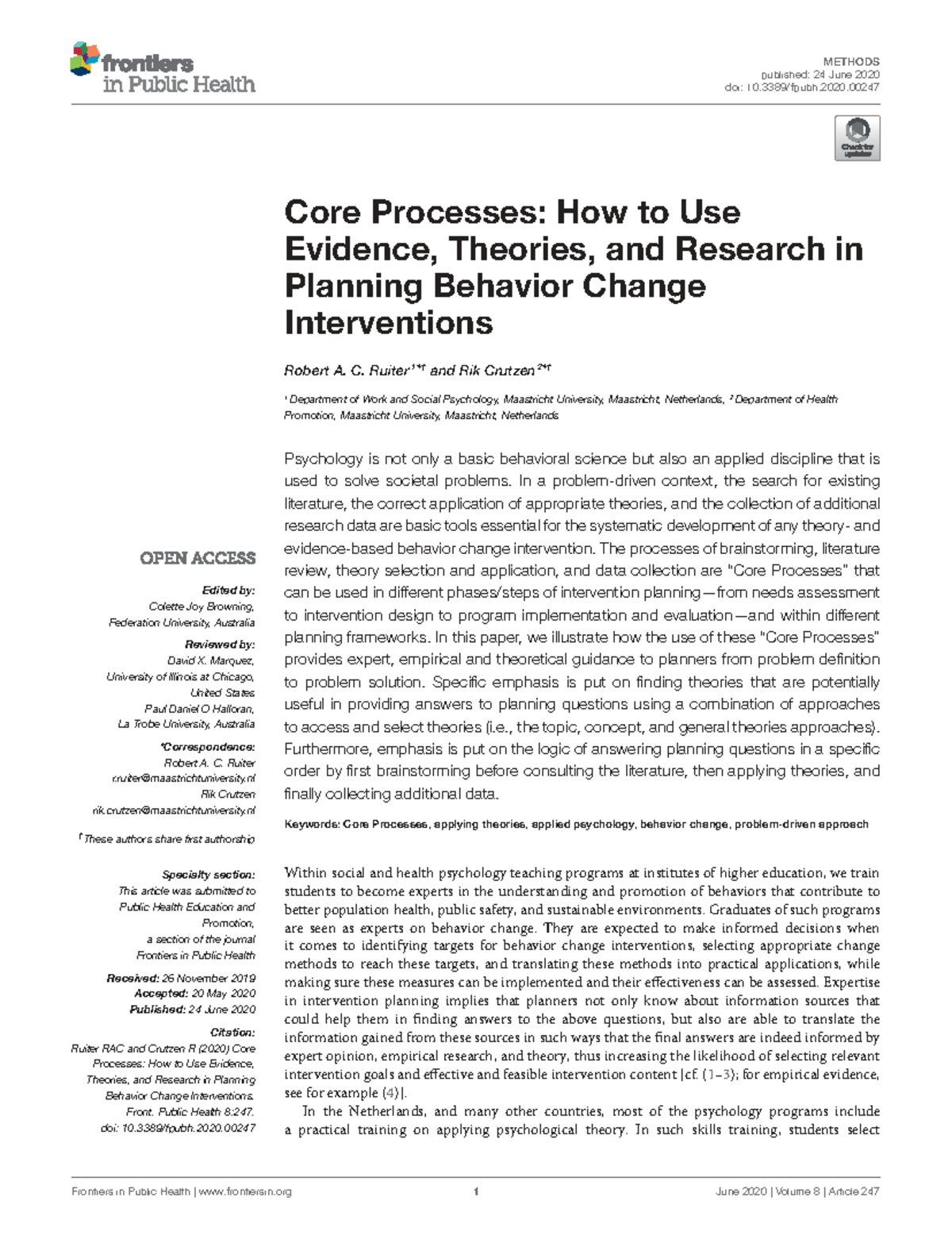 Core Processes in Planning Behavior Change Interventions: Evidence and ...