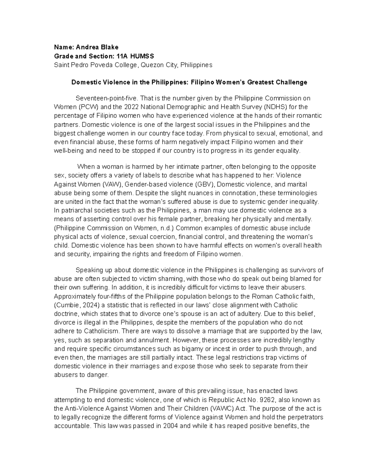 2025 Philippines Saint Pedro Poveda College Andrea Blake Essay Name