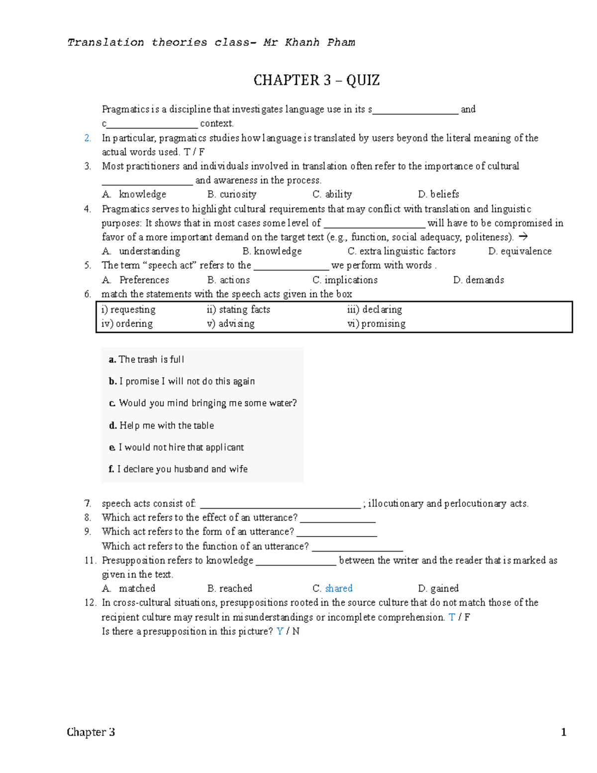 Translation Theories CHAPTER 5 QUIZ - Practice for Mr. Khanh Pham - Studocu
