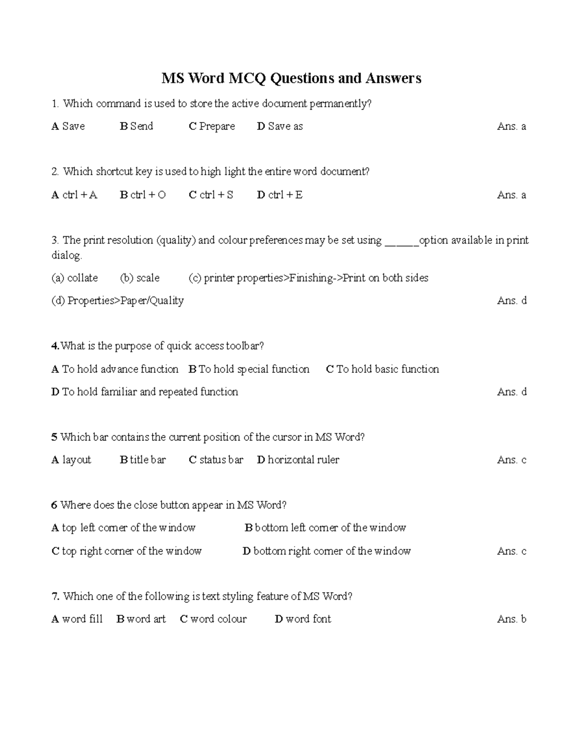 MS Word MCQ Quiz: Questions & Answers for Exam Prep - Studocu