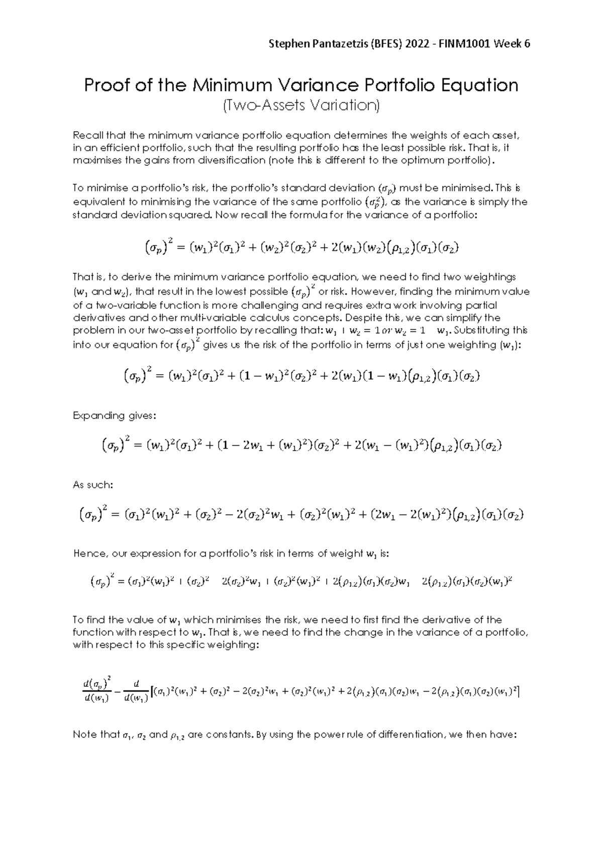 FINM1001 Week 6: Proof of the Minimum Variance Portfolio Equation - Studocu