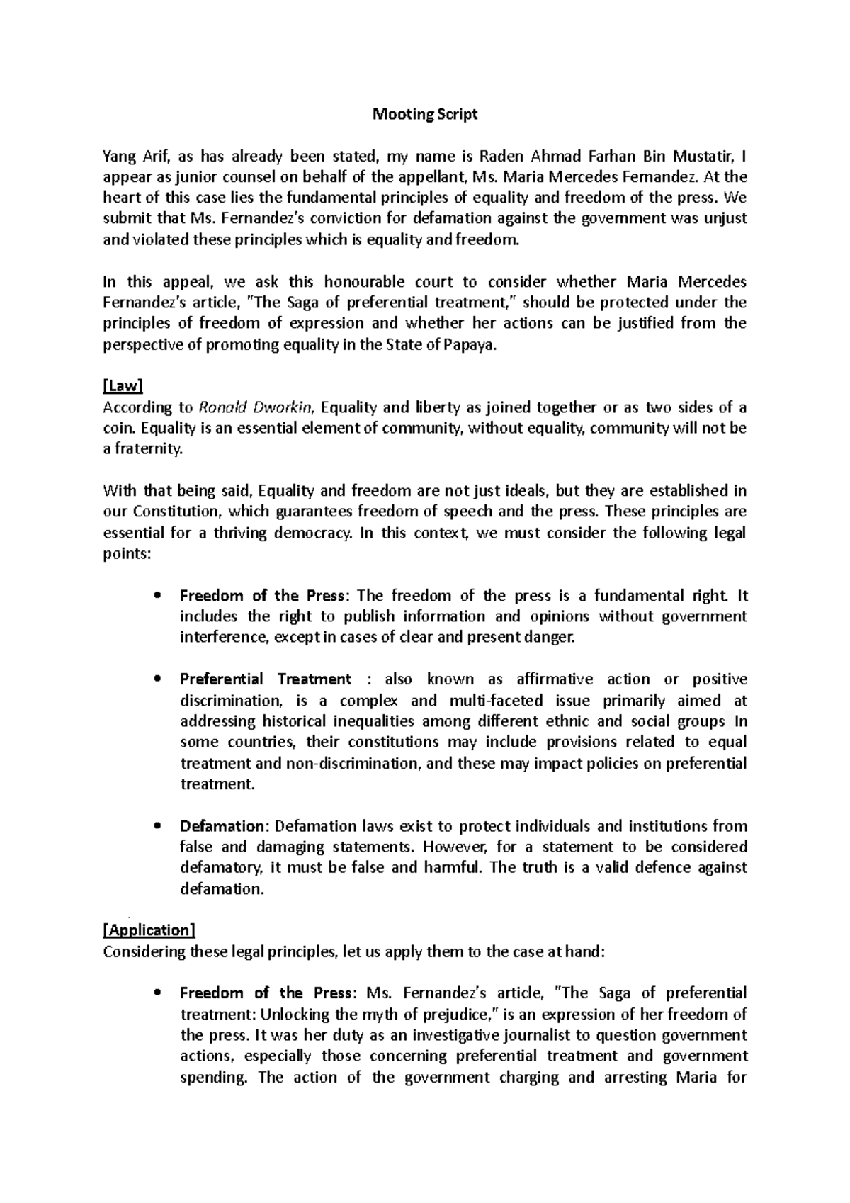 Mooting Script for junior counsel - Mooting Script Yang Arif, as has ...