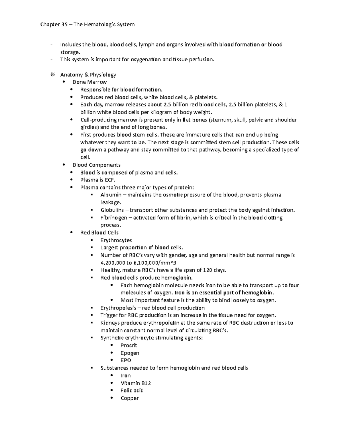 Chapter 39 - Hematology Lecture Notes: Blood Components & Functions ...