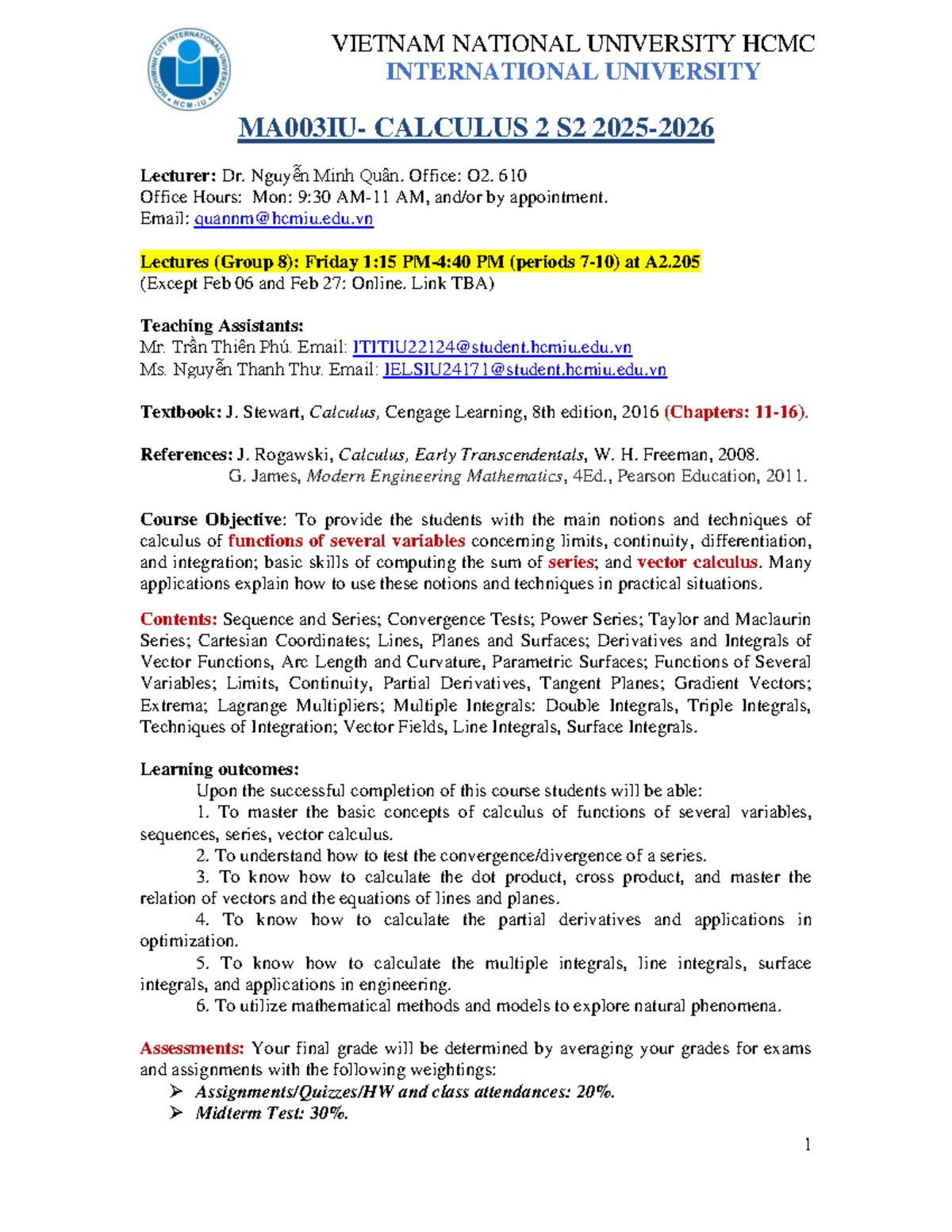 Syllabus for Calculus 2 (MATH 202) - Group 8, Friday PM - Studocu