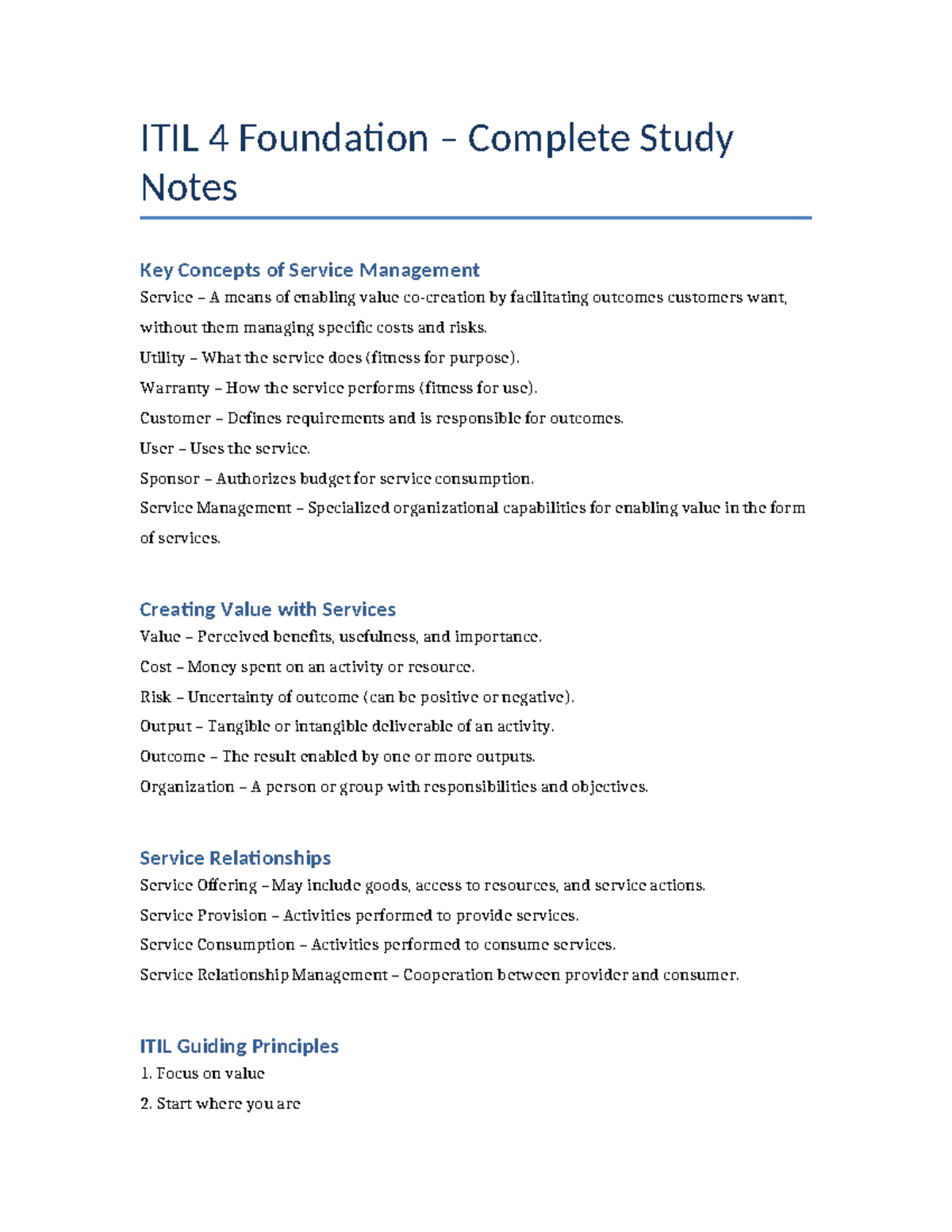ITIL 4 Foundation Comprehensive Study Notes on Service Management - Studocu